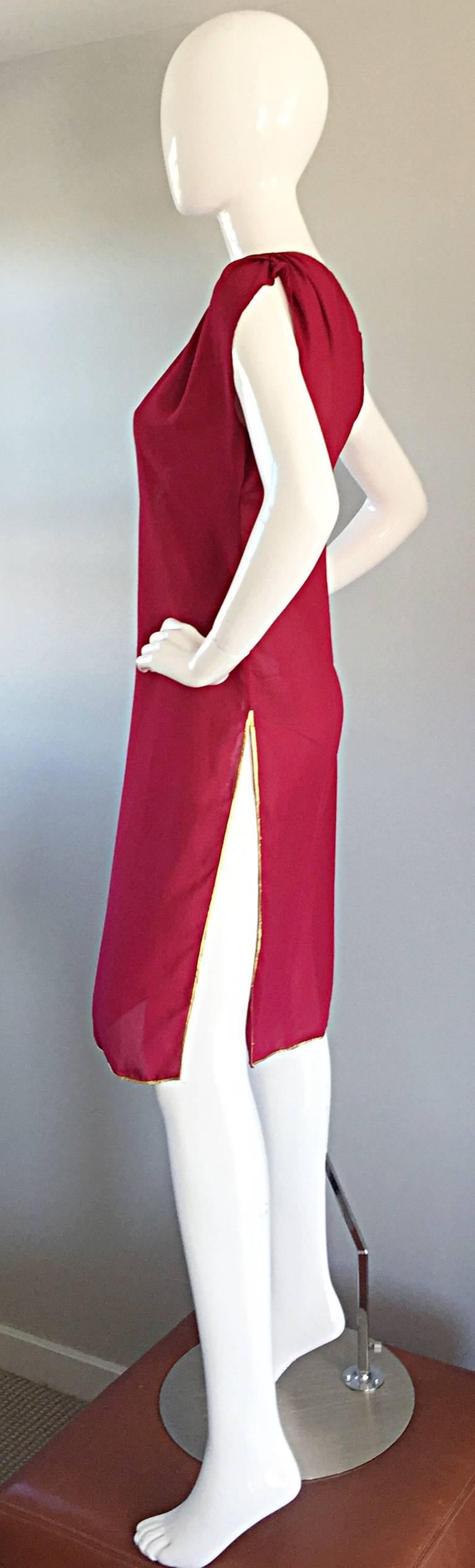 Vintage Pat Richards Raspberry Pink + Gold Grecian Semi Sheer Flowy Tunic Dress  5