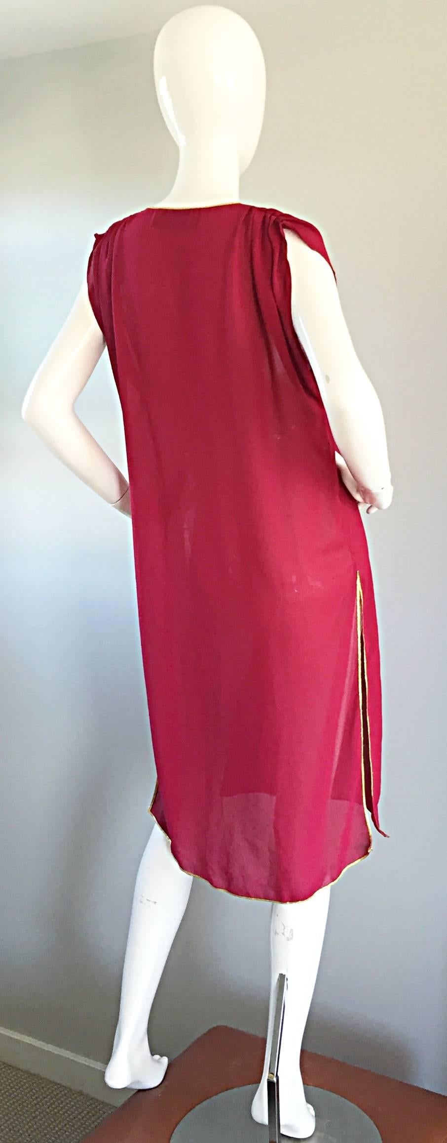 Red Vintage Pat Richards Raspberry Pink + Gold Grecian Semi Sheer Flowy Tunic Dress 