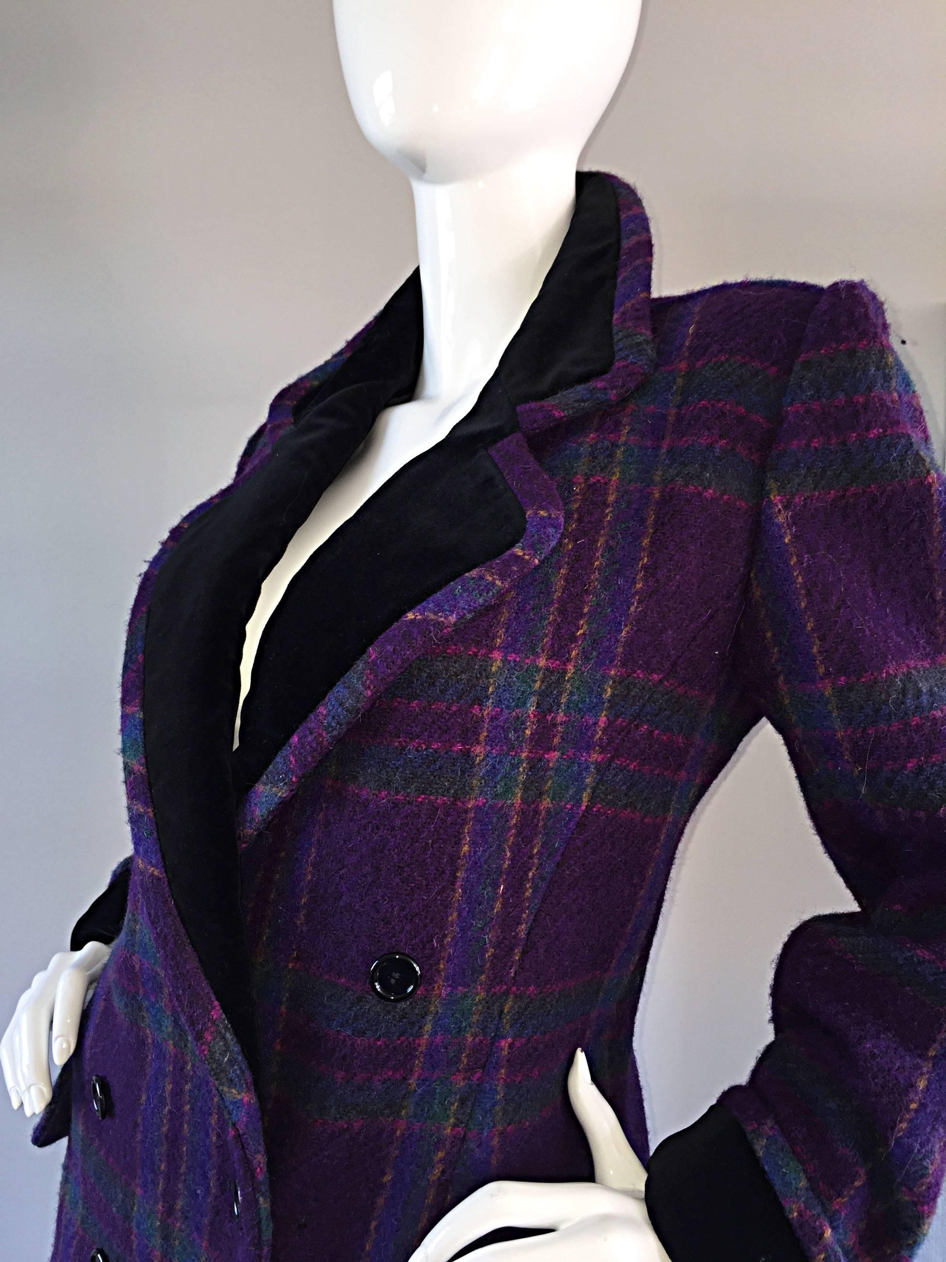 Vintage Emanuel Ungaro Purple, Green, Fuchsia Plaid Wool & Velvet Jacket Blazer In Excellent Condition In San Diego, CA