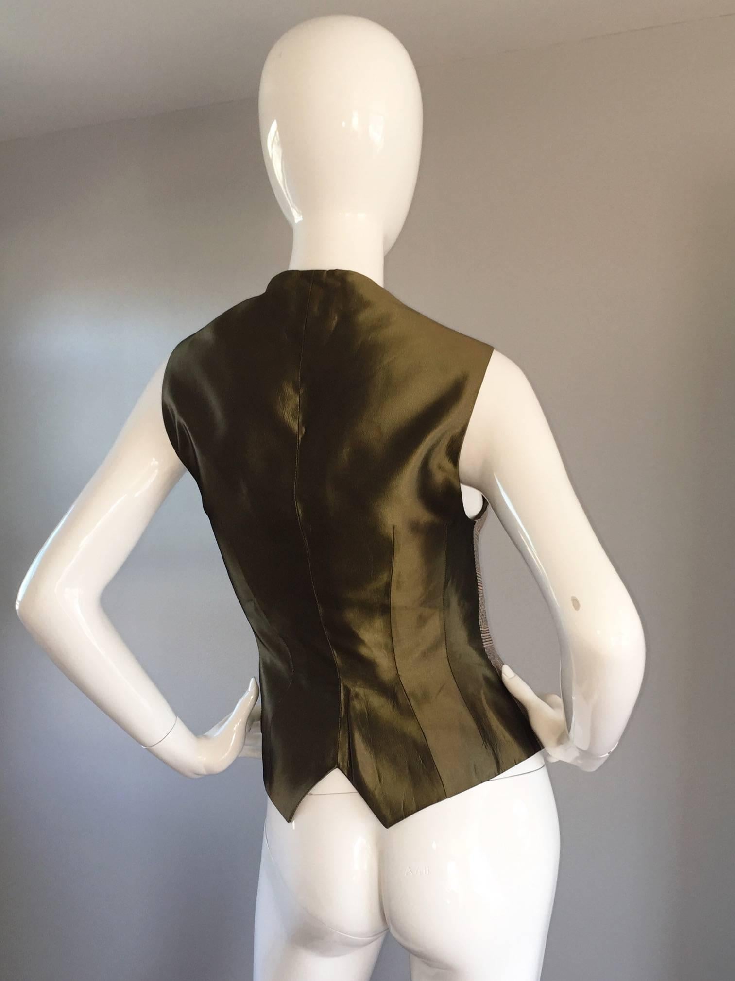 Important vintage Byron Lars, for Bergdorf Goodman, Glen Plaid waistcoat/vest! Padded 'cone' bust, that is super flattering! Decorative brass buttons up the bodice. Double layered silk back. So versatile! Great with jeans, shorts, trousers, or