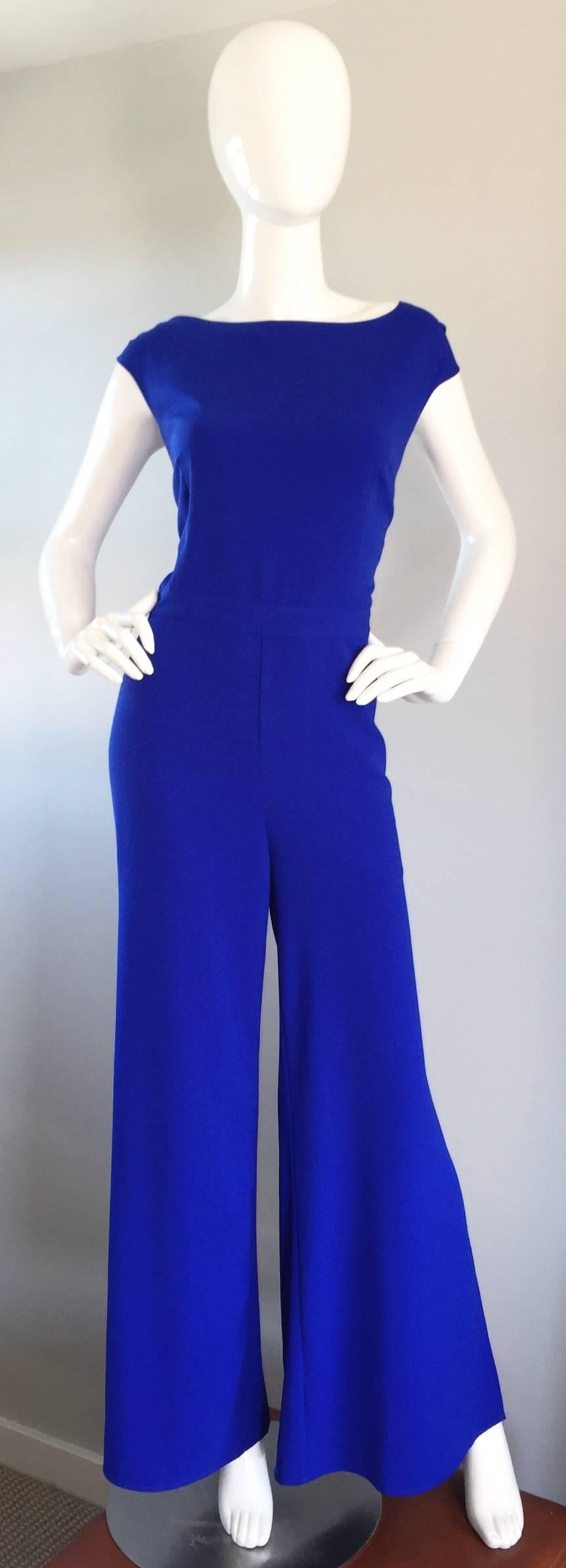 Purple Chic Max Mara Cobalt Blue Silk Jumpsuit w/ Wide Slit Legs + Open Back