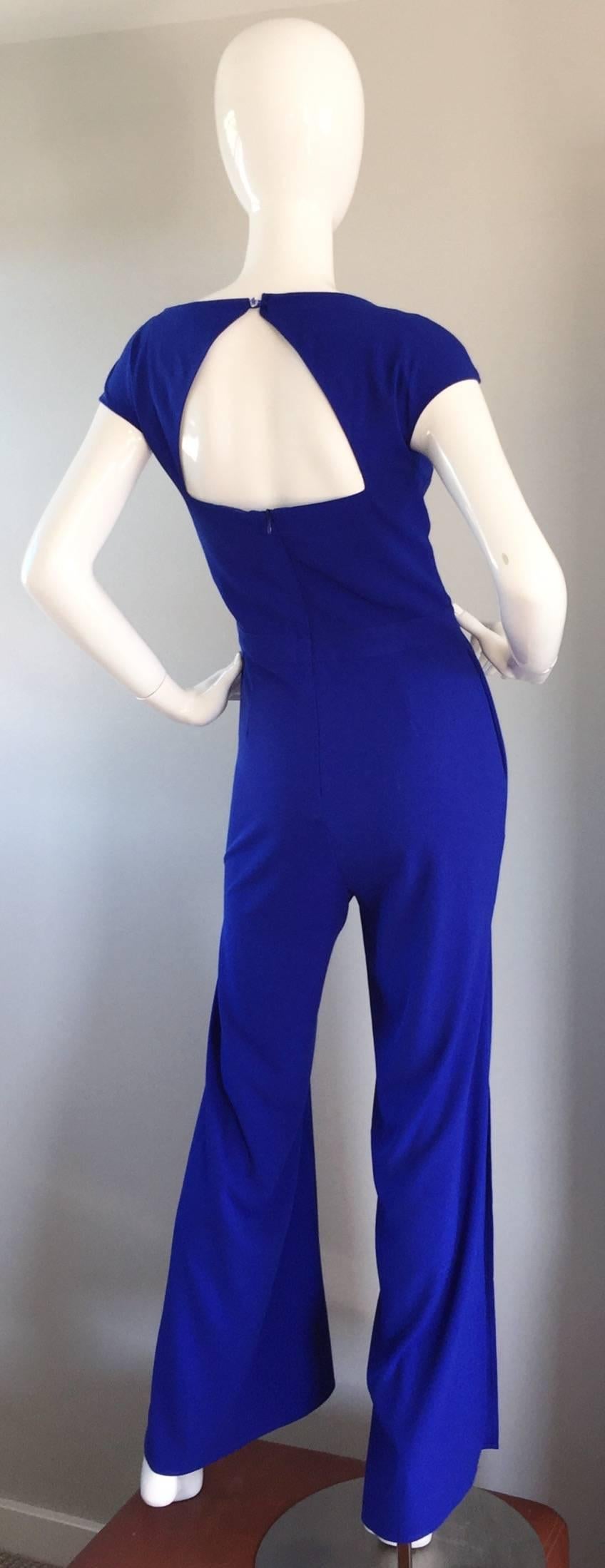 Chic Max Mara Cobalt Blue Silk Jumpsuit w/ Wide Slit Legs + Open Back In Excellent Condition In San Diego, CA