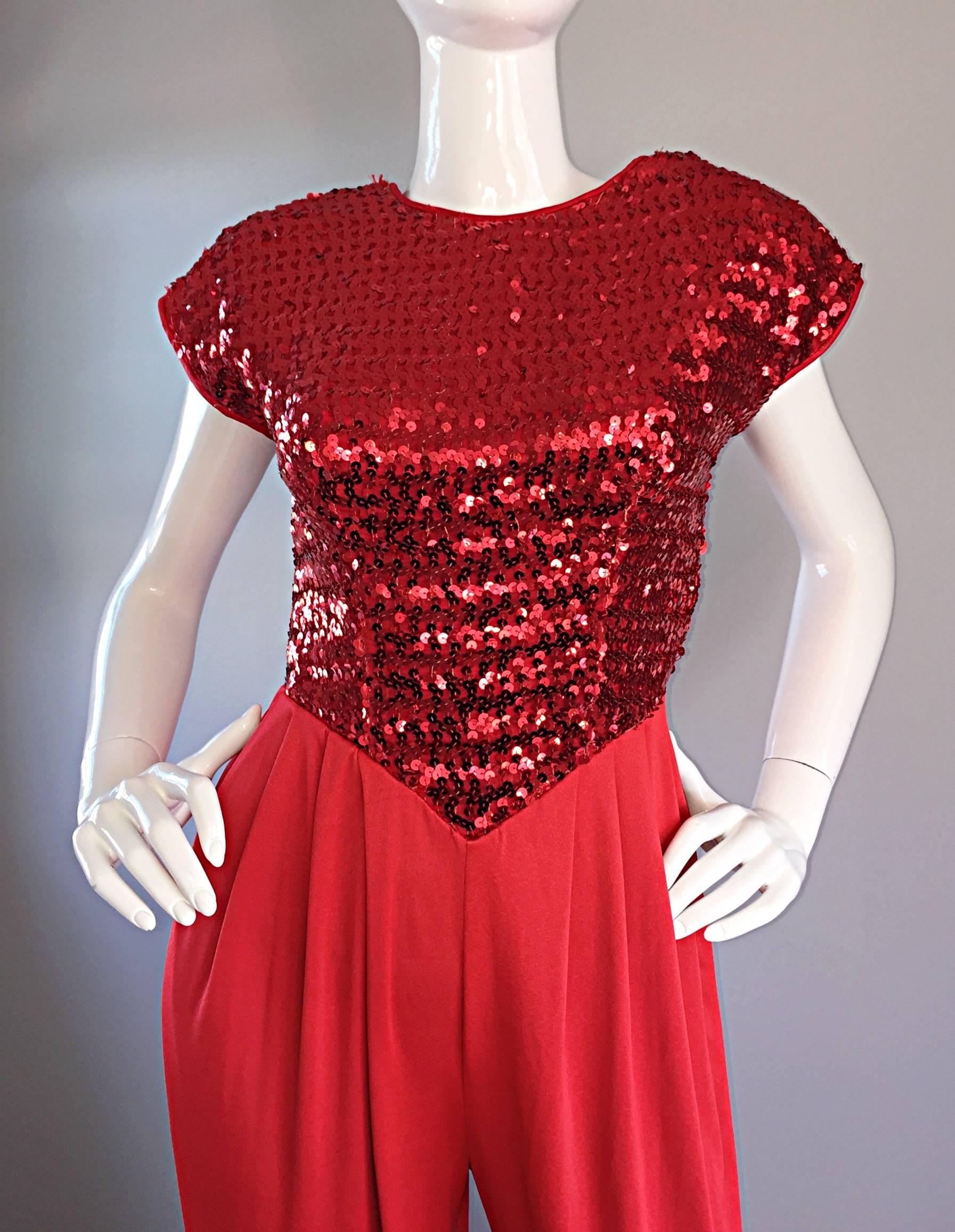 Lipstick Red Vintage Studio 54 Sequin + Jersey Jumpsuit Romper Onesie Outfit In Excellent Condition In San Diego, CA