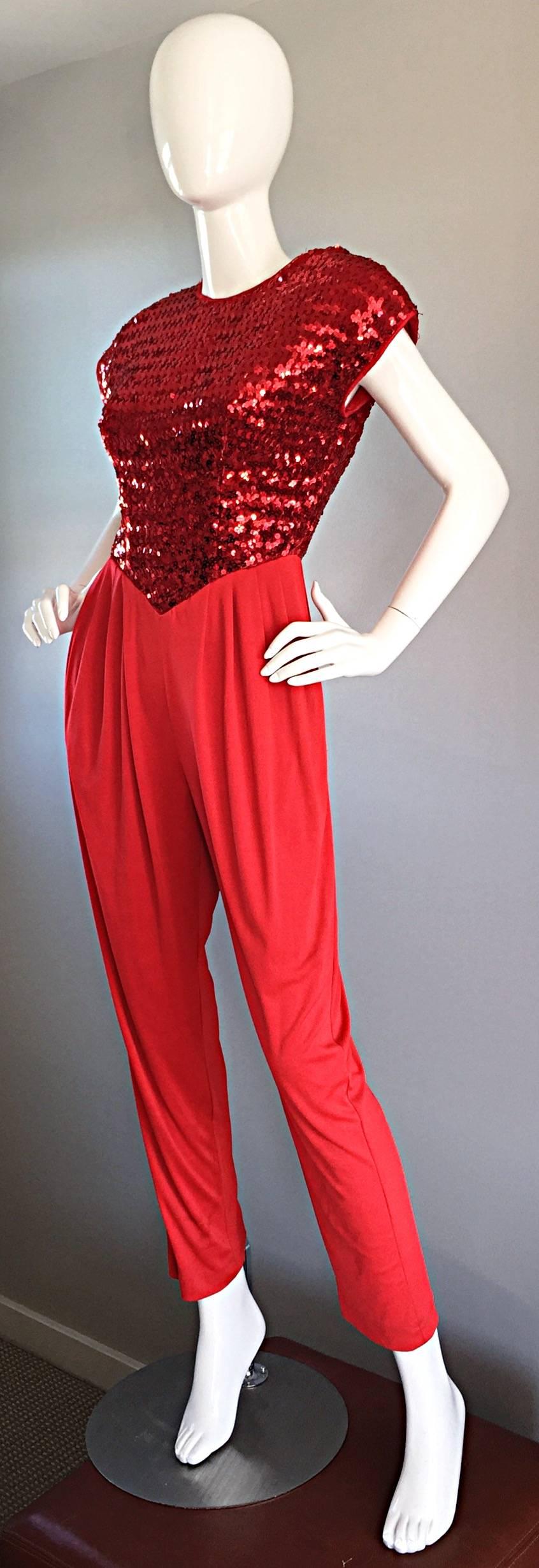 Women's Lipstick Red Vintage Studio 54 Sequin + Jersey Jumpsuit Romper Onesie Outfit