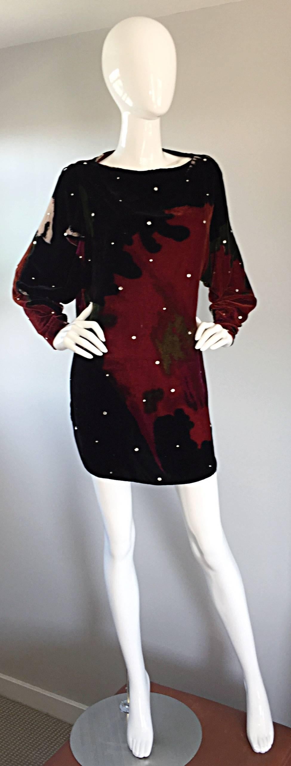 Amazing vintage Holly's Harp mini dress, or tunic! Luxurious and soft silk velvet, with watercolor abstract prints throughout. Rhinestones encrusted throughout. Dolman sleeves (so will fit a variety of bust sizes), with curved vents at each side