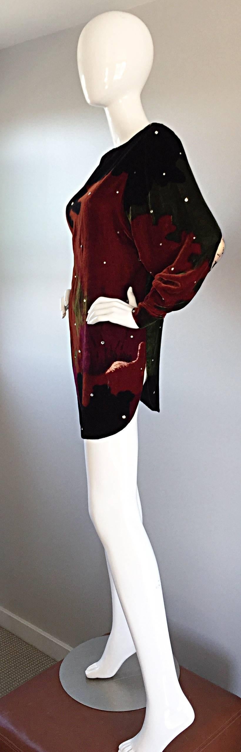 Holly's Harp Vintage Silk Velvet Watercolor + Rhinestones Boho Mini Dress Tunic In Excellent Condition In San Diego, CA