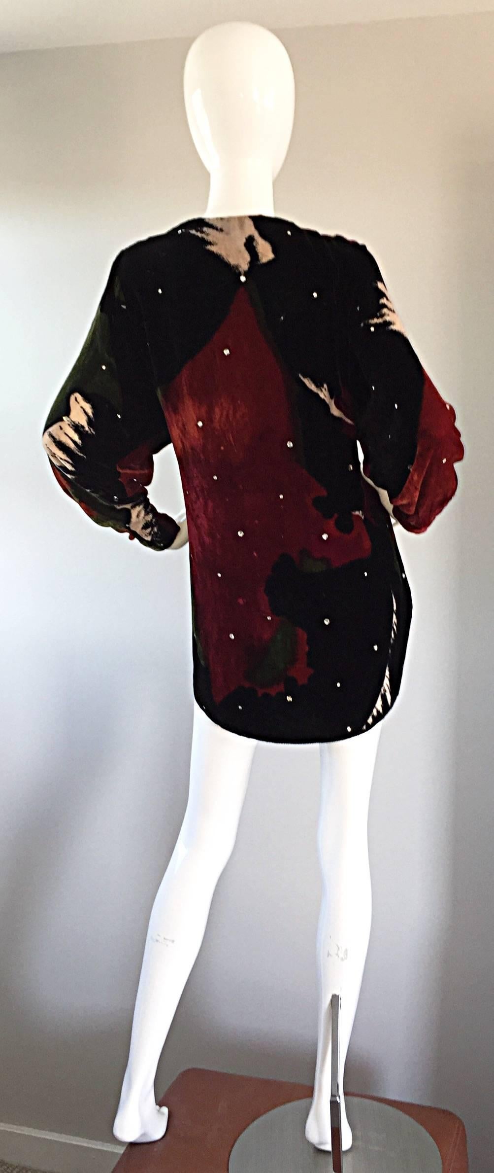 Black Holly's Harp Vintage Silk Velvet Watercolor + Rhinestones Boho Mini Dress Tunic
