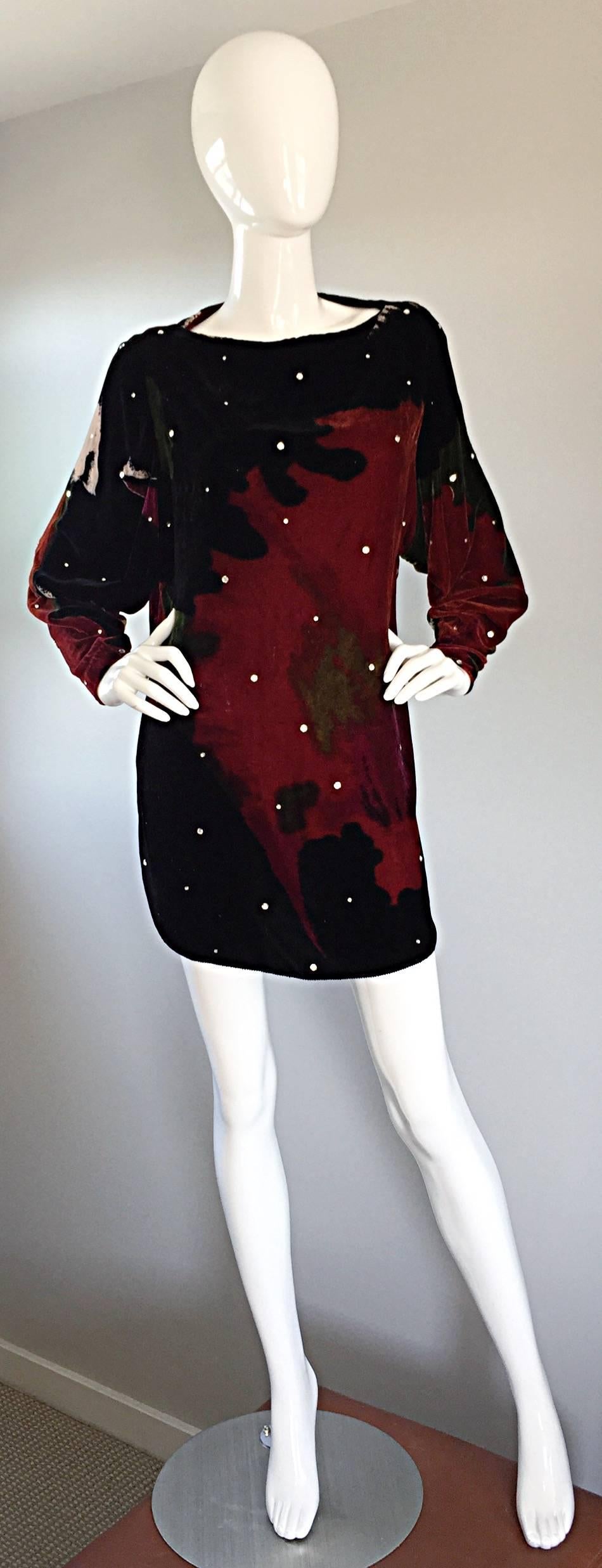 Women's Holly's Harp Vintage Silk Velvet Watercolor + Rhinestones Boho Mini Dress Tunic