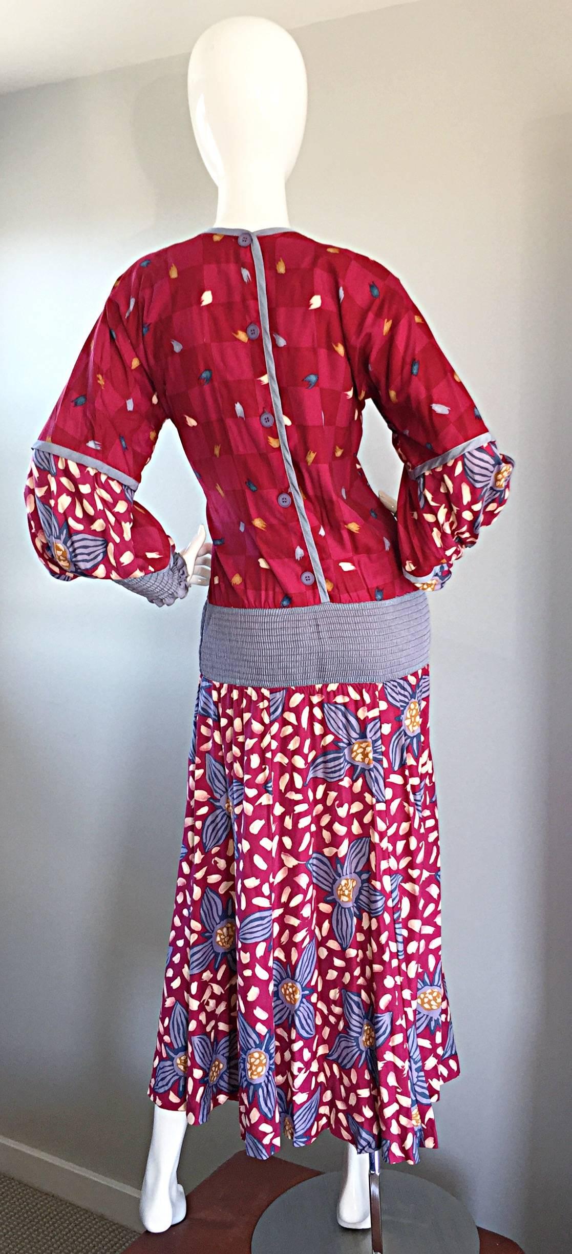 Vintage Jeanne Marc 1980s Drop Waist Boho 80s Dress Colorful Floral Abstracts In Excellent Condition In San Diego, CA