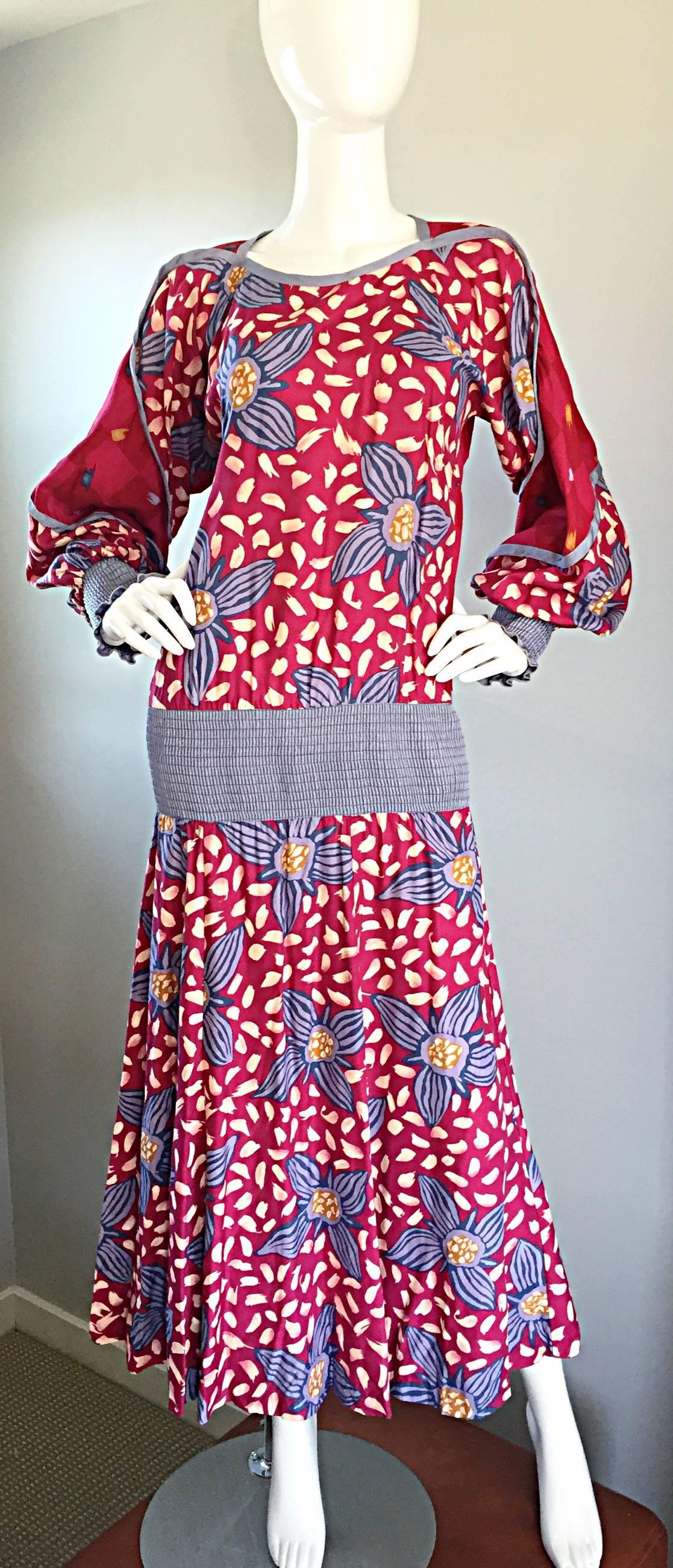 Vintage Jeanne Marc 1980s Drop Waist Boho 80s Dress Colorful Floral Abstracts 1