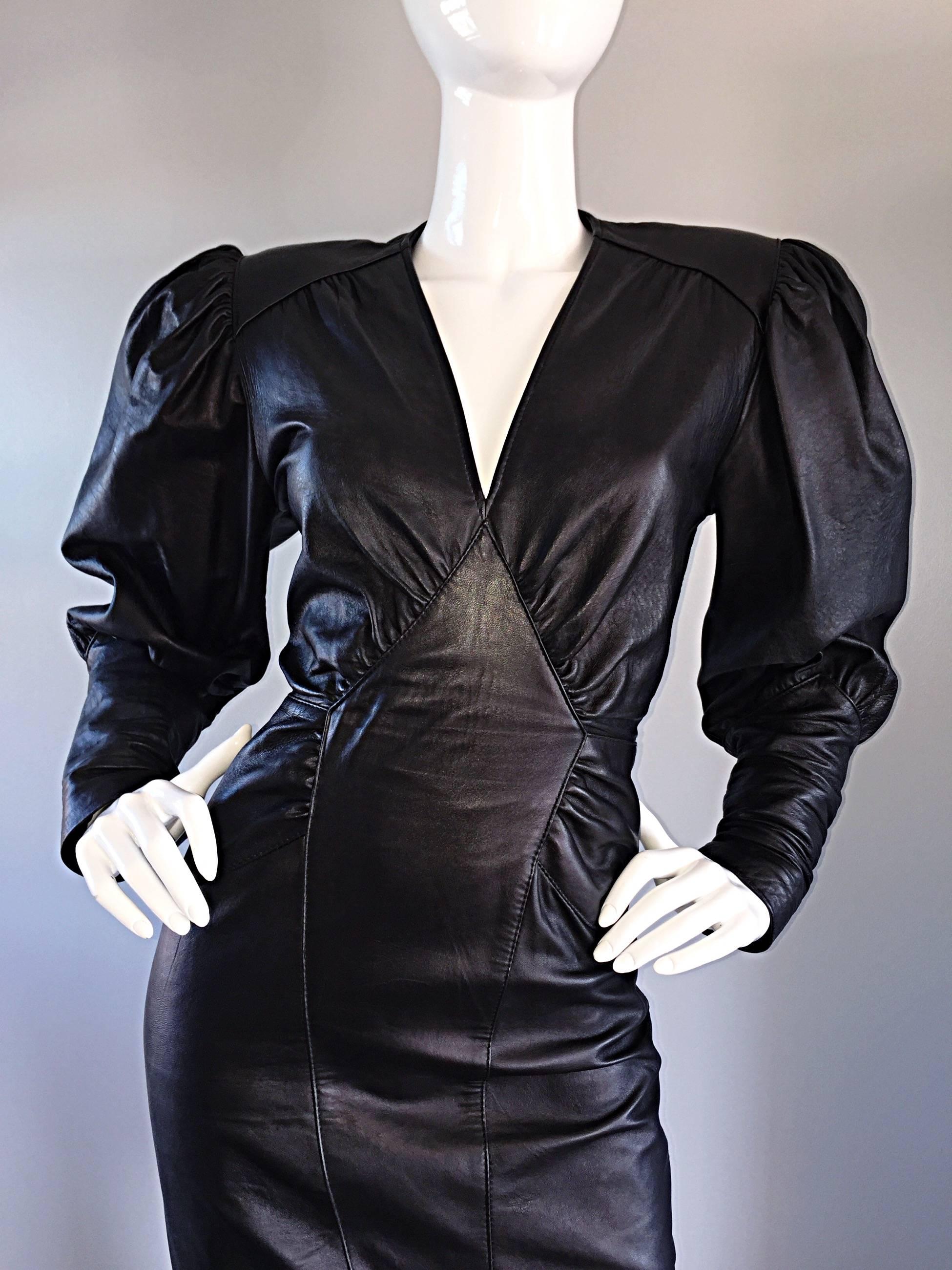 Sexy Vintage 1980s North Beach Leder 80s Body Con Avant Garde Open Back Kleid 5