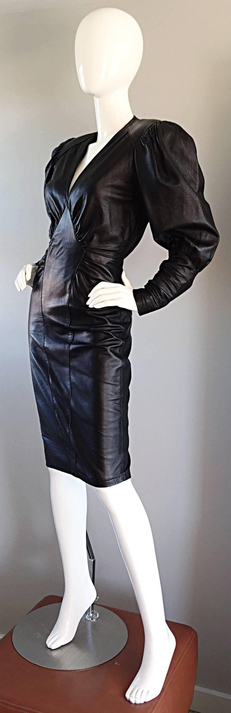 Sexy Vintage 1980s North Beach Leder 80s Body Con Avant Garde Open Back Kleid 4