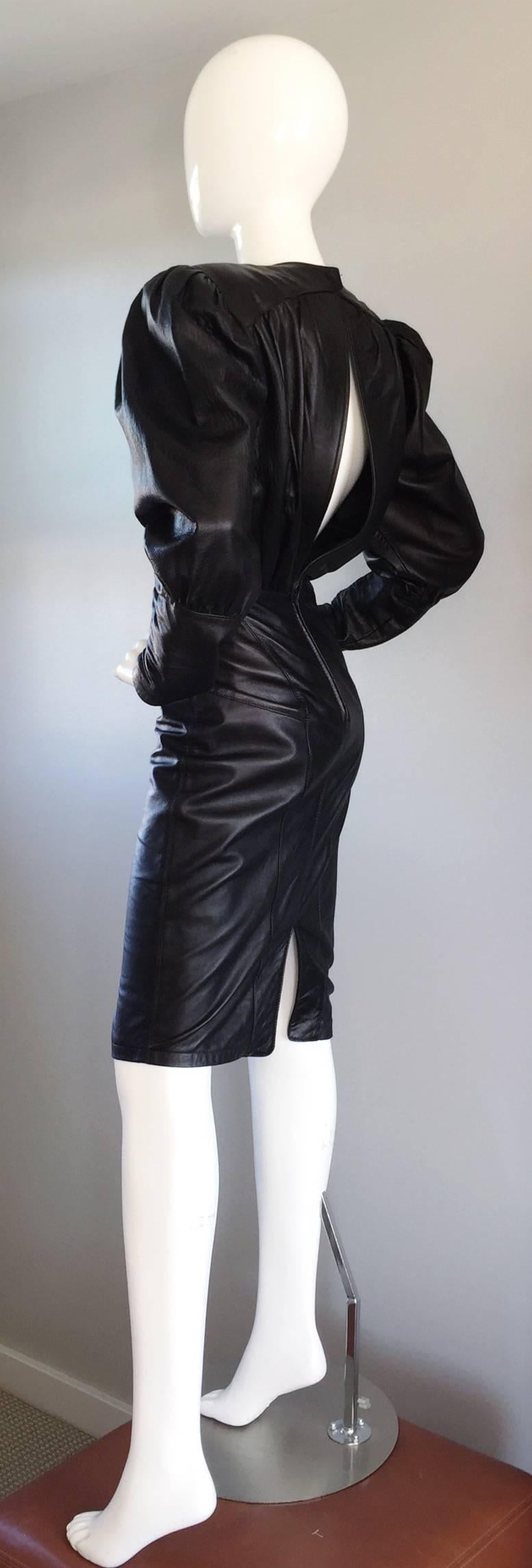 Sexy Vintage North Beach Leather langärmeliges schwarzes Leder Body Con Kleid! Die rote Version wurde von Pam in 