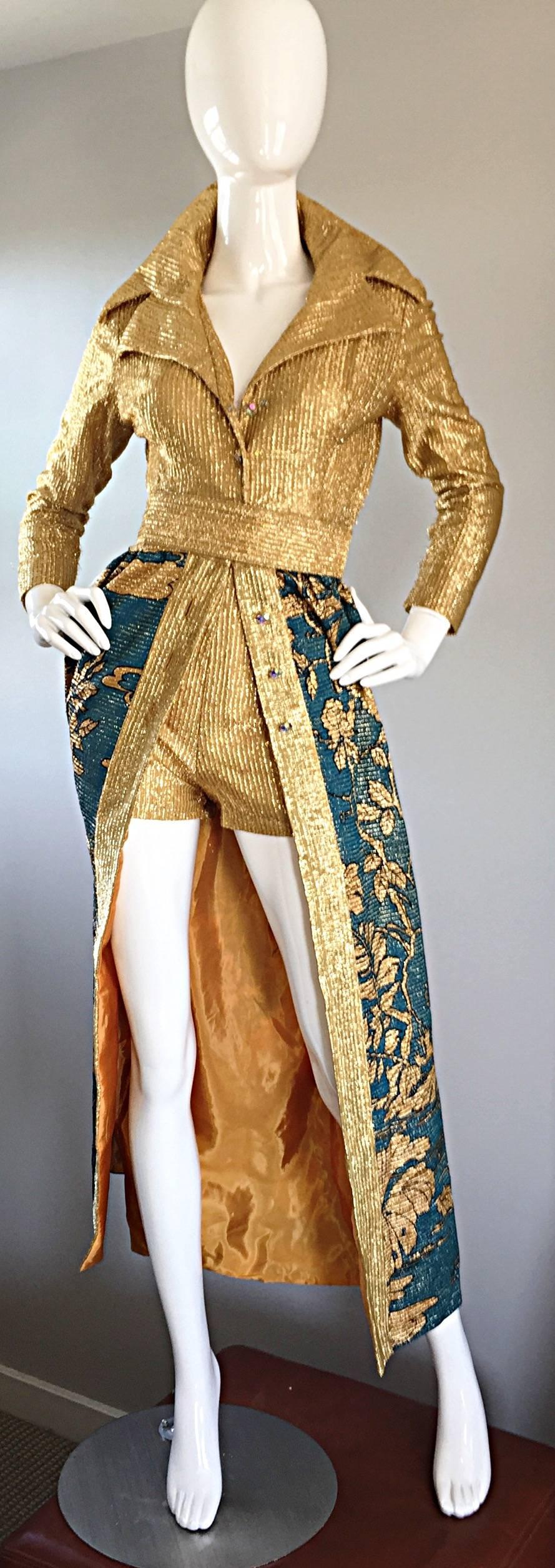 Women's Amazing Henry Higgins 1970s Vintage Dress, Hot Pants & Belt Gold + Blue Metallic