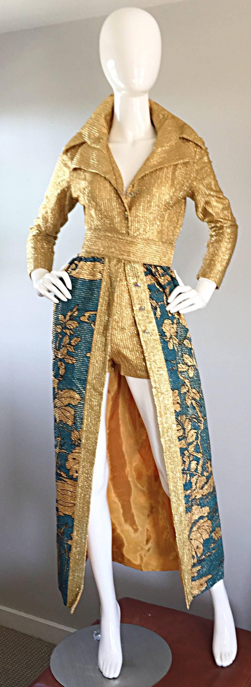 Amazing Henry Higgins 1970s Vintage Dress, Hot Pants & Belt Gold + Blue Metallic In Excellent Condition In San Diego, CA