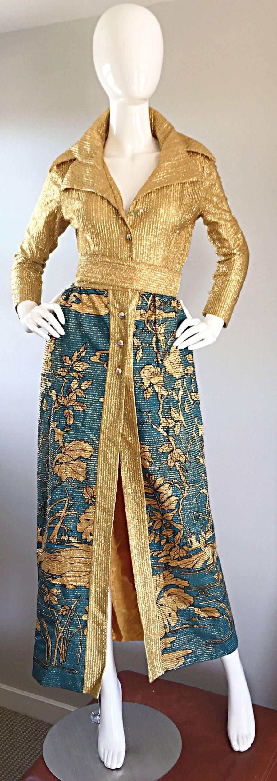 Amazing Henry Higgins 1970s Vintage Dress, Hot Pants & Belt Gold + Blue Metallic 2
