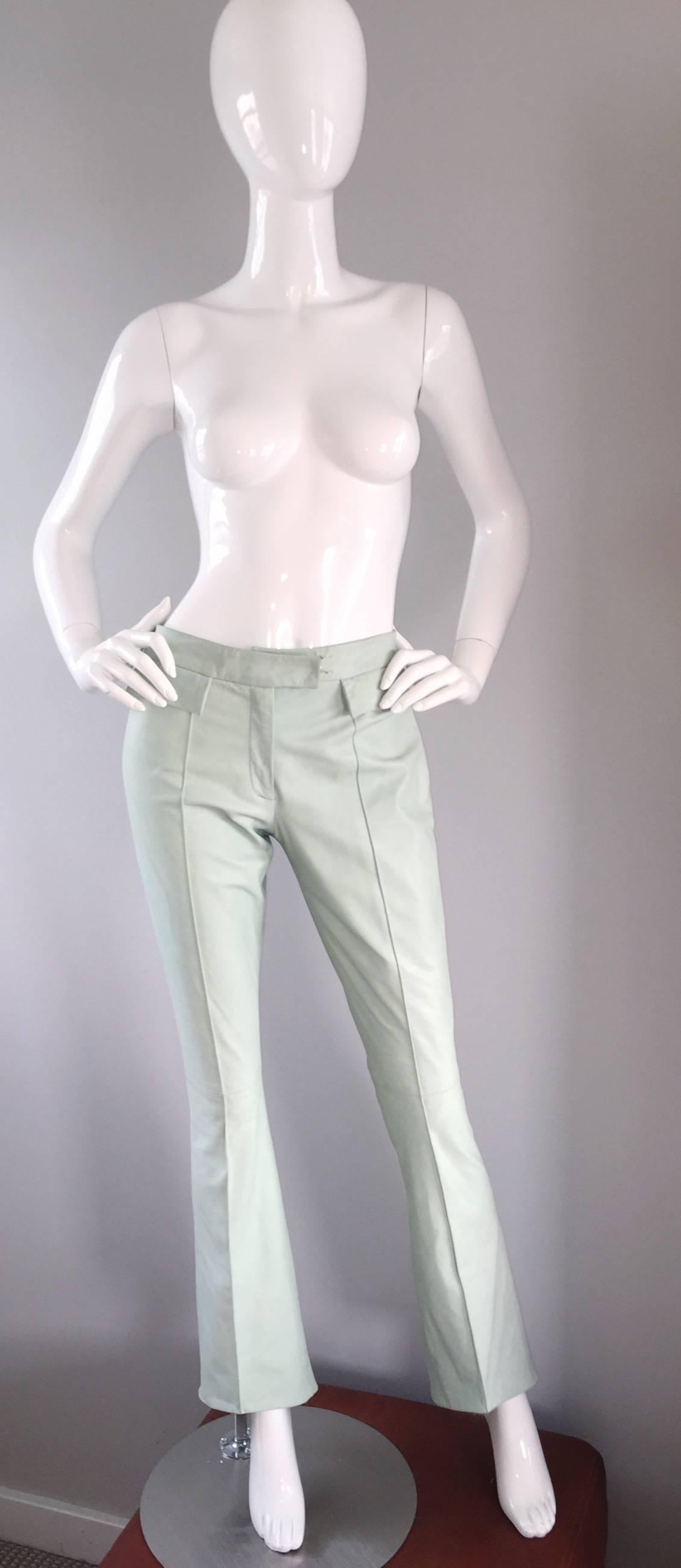 Vintage 90s John Galliano Size 4 Leather Flare Leg Pants 1990s Light Green Mint  In Excellent Condition For Sale In San Diego, CA