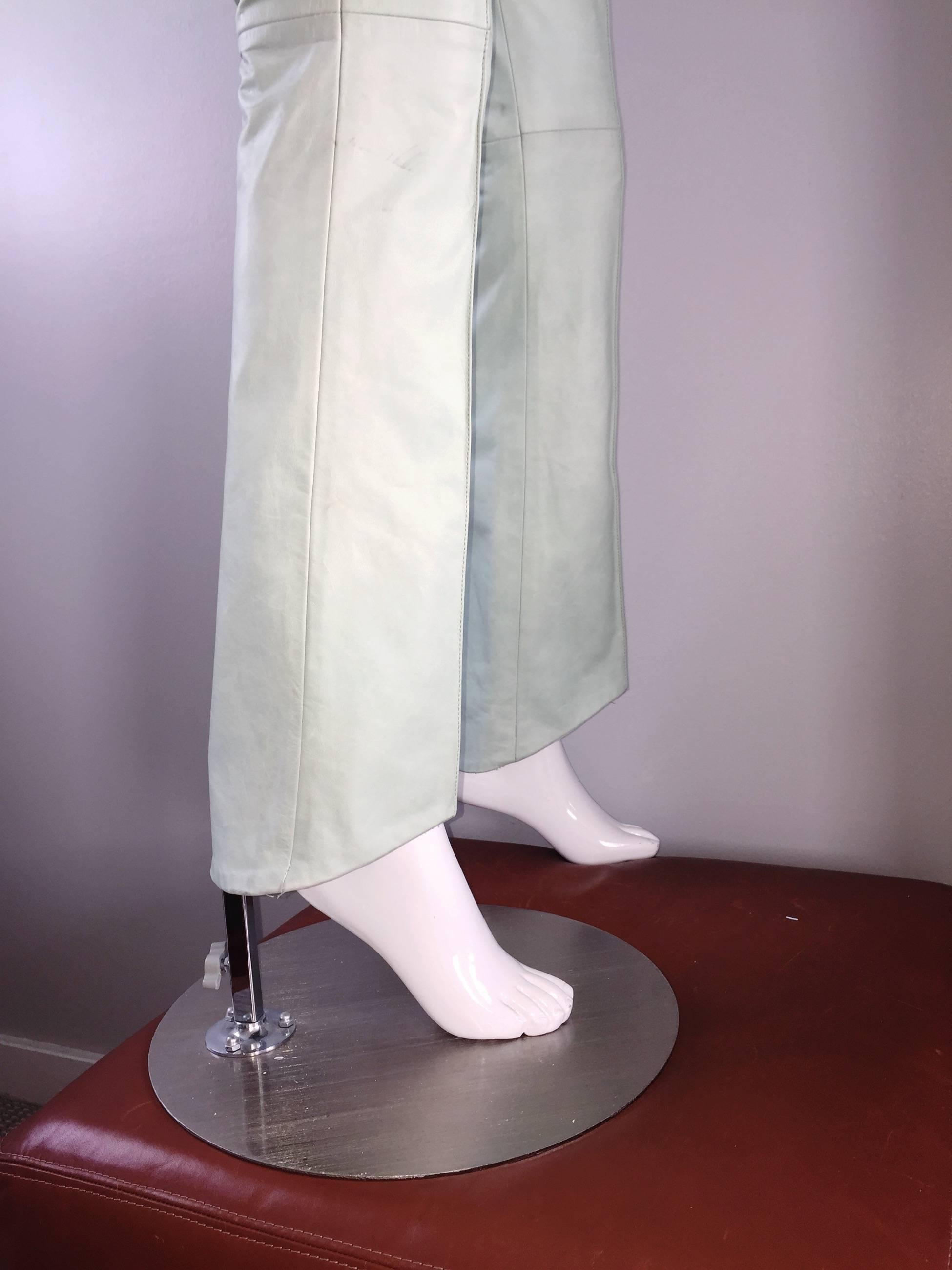 Women's Vintage 90s John Galliano Size 4 Leather Flare Leg Pants 1990s Light Green Mint  For Sale