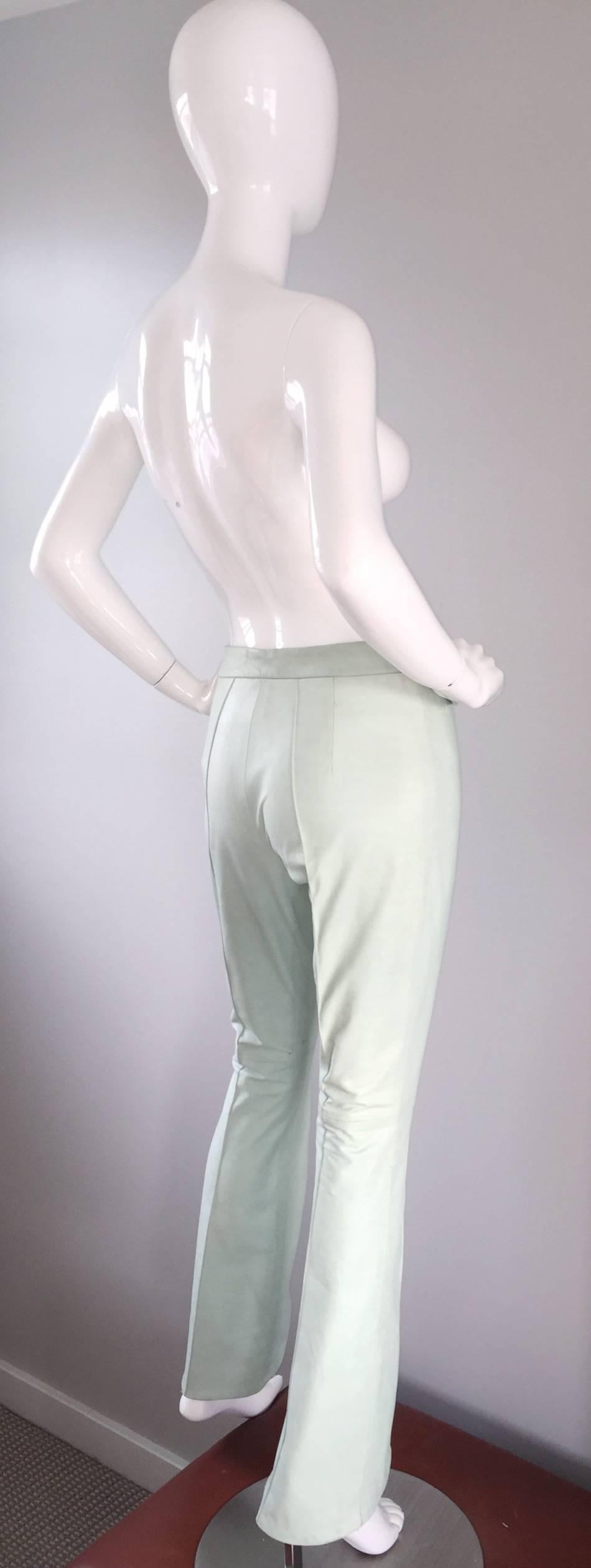 Gray Vintage 90s John Galliano Size 4 Leather Flare Leg Pants 1990s Light Green Mint  For Sale