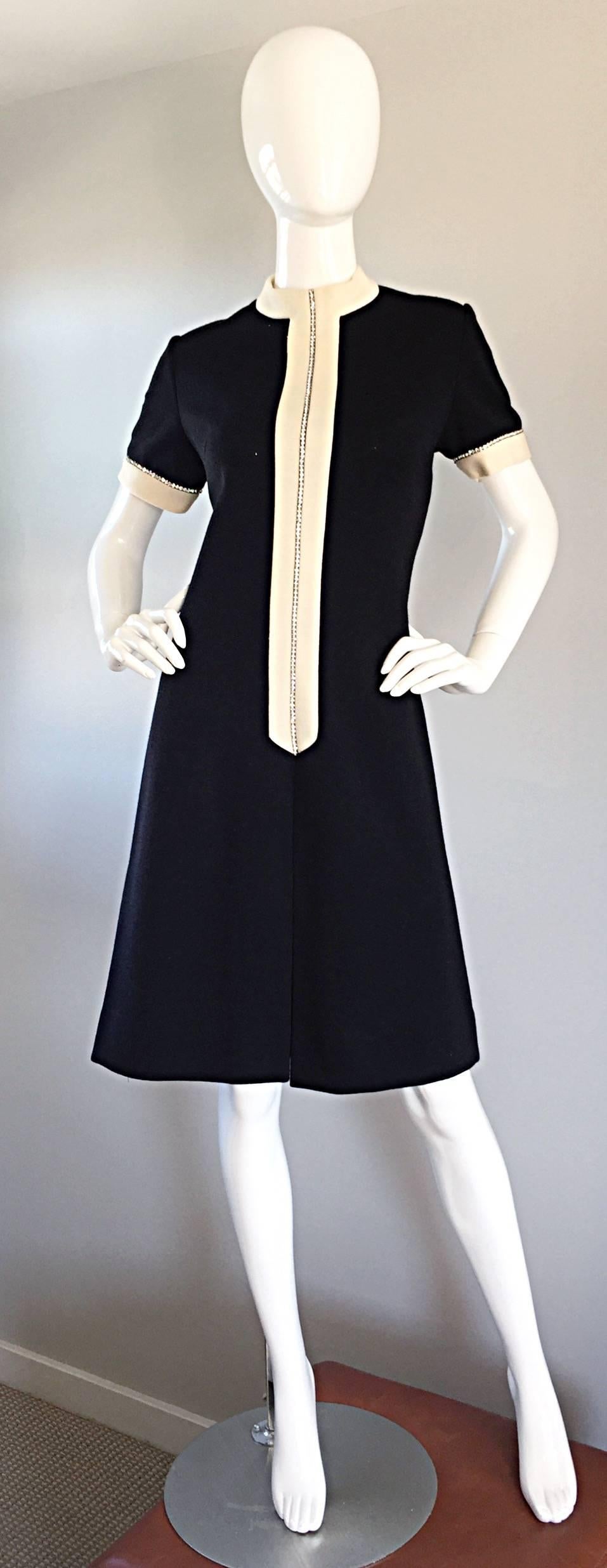 Tres Chic 1960s Vintage 60s Black + Ivory Rhinestone Mod Scooter A - Line Dress 3