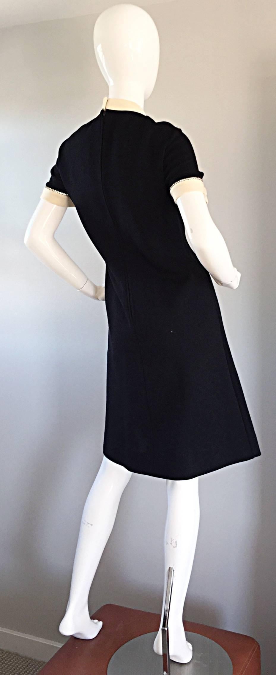 Tres Chic 1960s Vintage 60s Black + Ivory Rhinestone Mod Scooter A - Line Dress In Excellent Condition In San Diego, CA
