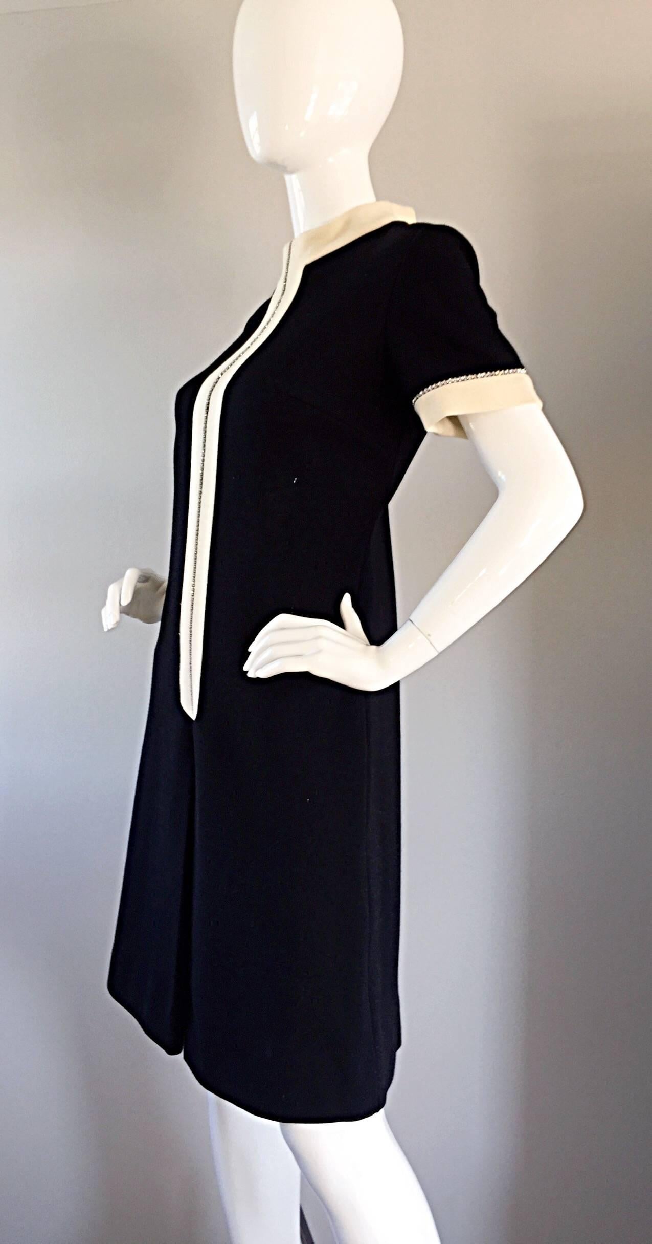 Tres Chic 1960s Vintage 60s Black + Ivory Rhinestone Mod Scooter A - Line Dress 1