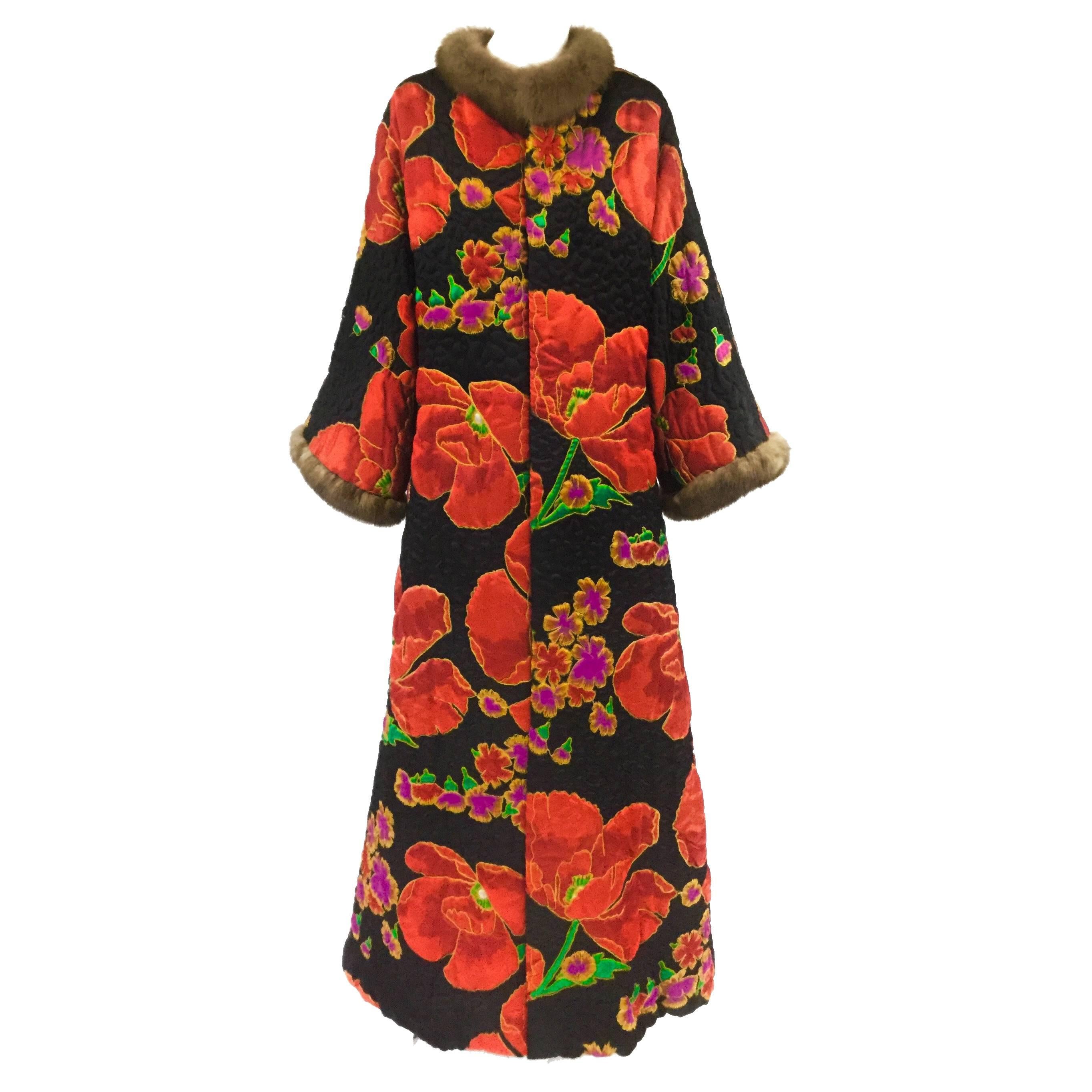 Maximillian Quilted Floral Silk Coat with Mink Trim