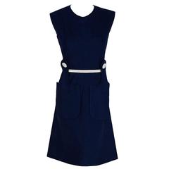 1966 Pierre Cardin Navy-Blue Linen Mod Sculpted Pockets Space-Age Belted Dress