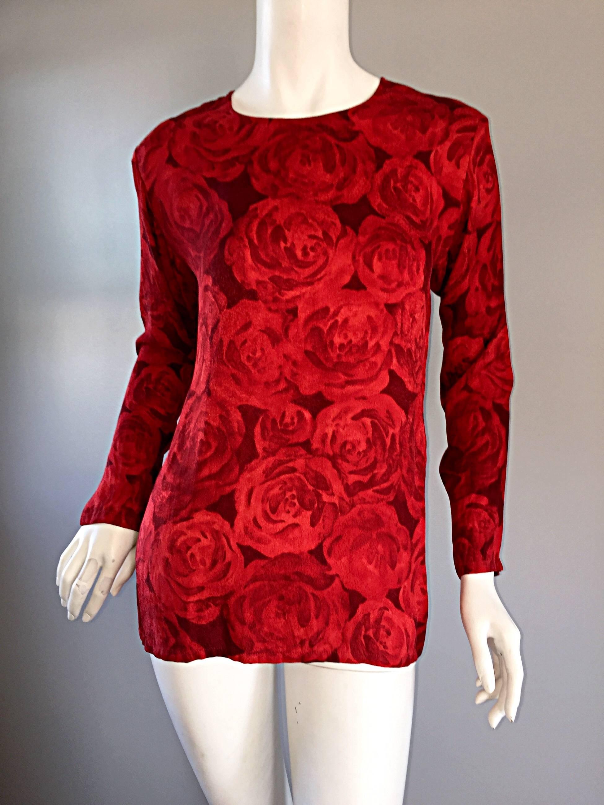 Red Vintage Yves Saint Laurent YSL ' Rive Gauche ' Rose Print Silk Blouse Top