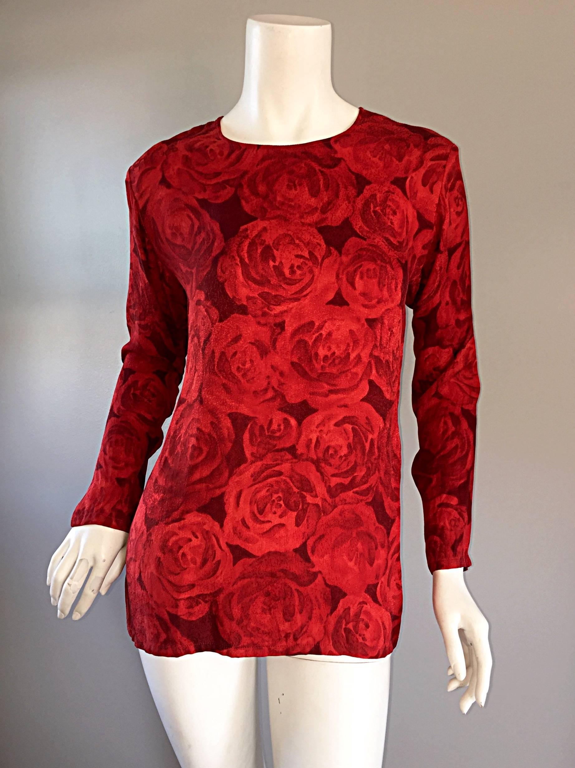 Vintage Yves Saint Laurent YSL ' Rive Gauche ' Rose Print Silk Blouse Top  In Excellent Condition In San Diego, CA