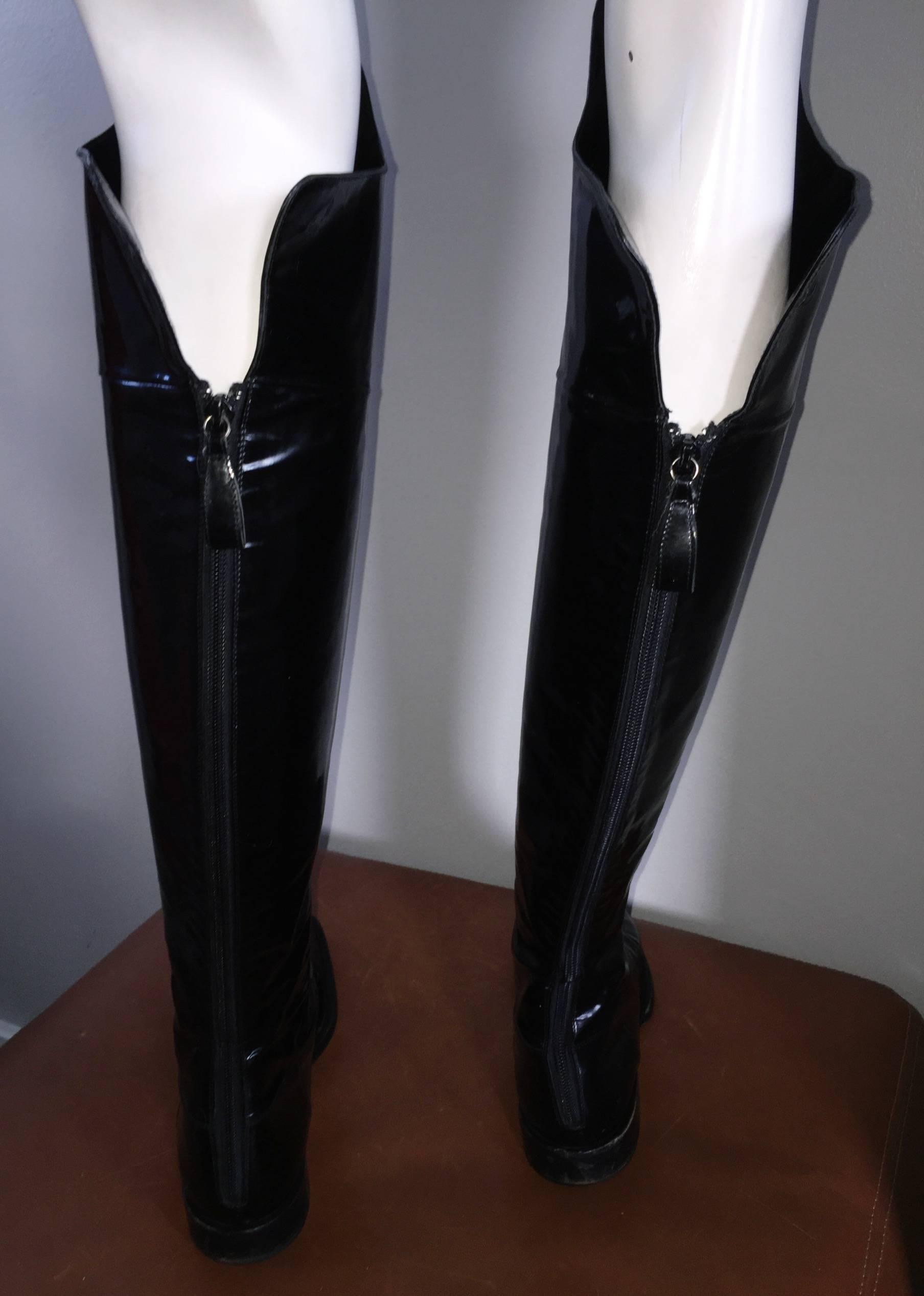 Coveted Chanel Black Patent Leather Over The Knee Riding Flat Boots Size 38 8 1