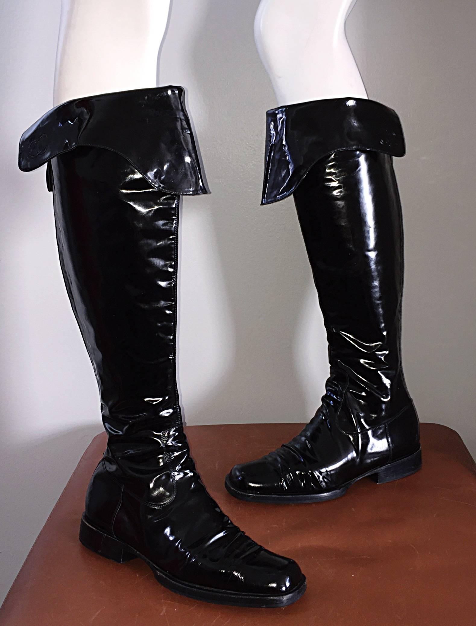 Coveted Chanel Black Patent Leather Over The Knee Riding Flat Boots Size 38 8 3