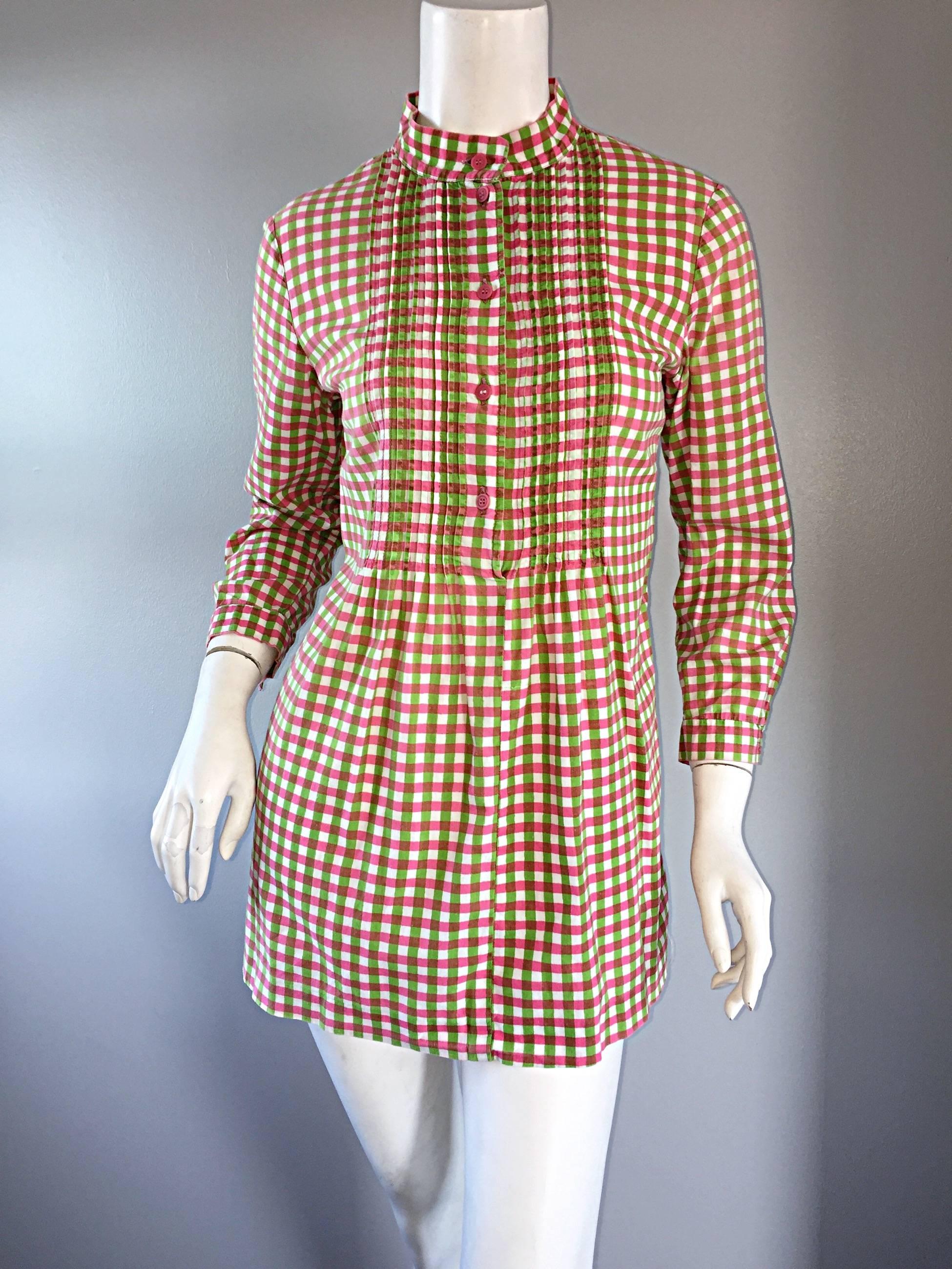 Women's Vintage 1960s Marimekko of Finland 60s Pink and Green Checkered Tunic Mini Dress For Sale
