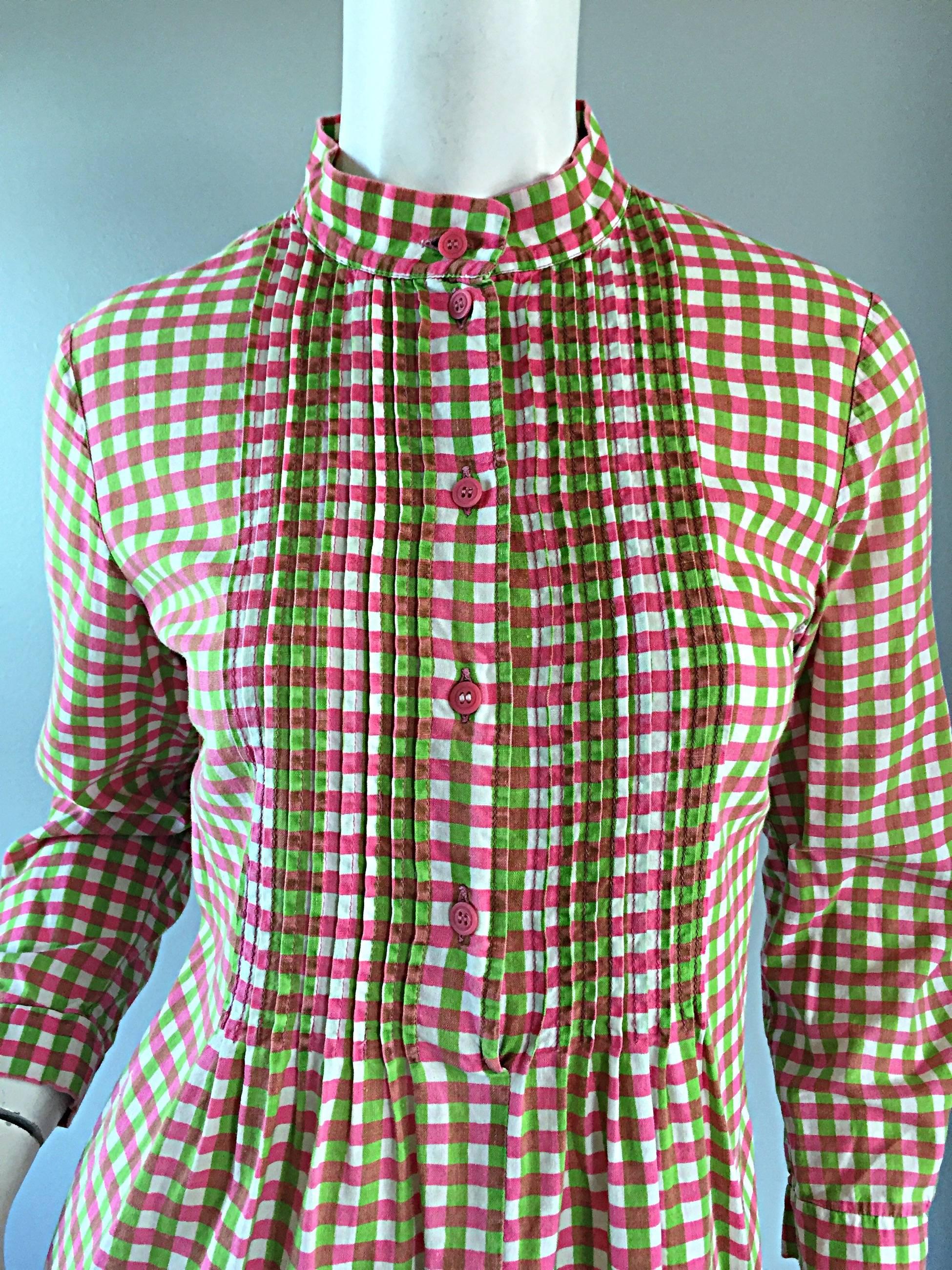 Vintage 1960s Marimekko of Finland 60s Pink and Green Checkered Tunic Mini Dress For Sale 1