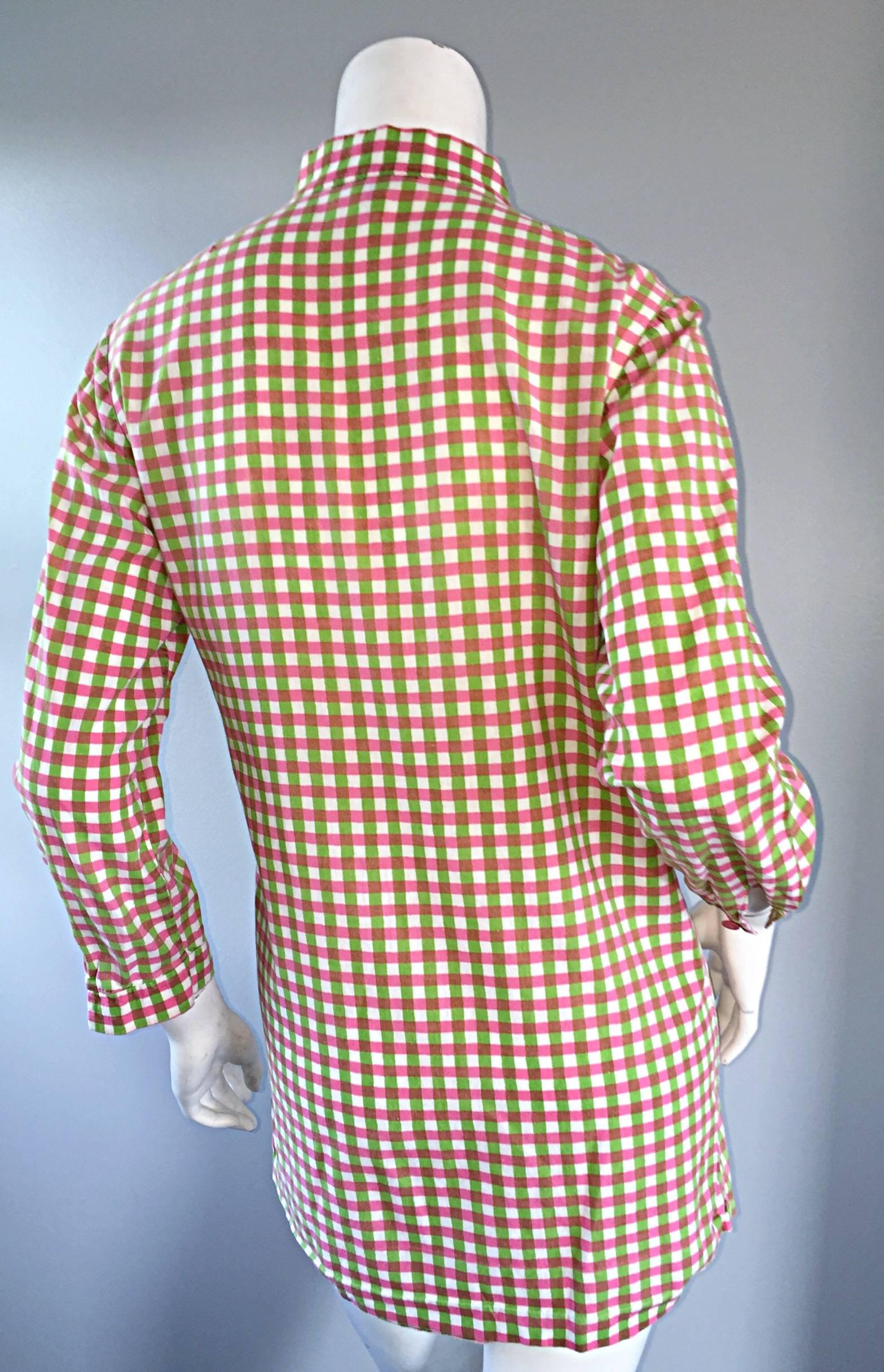 Vintage 1960s Marimekko of Finland 60s Pink and Green Checkered Tunic Mini Dress In Excellent Condition For Sale In San Diego, CA