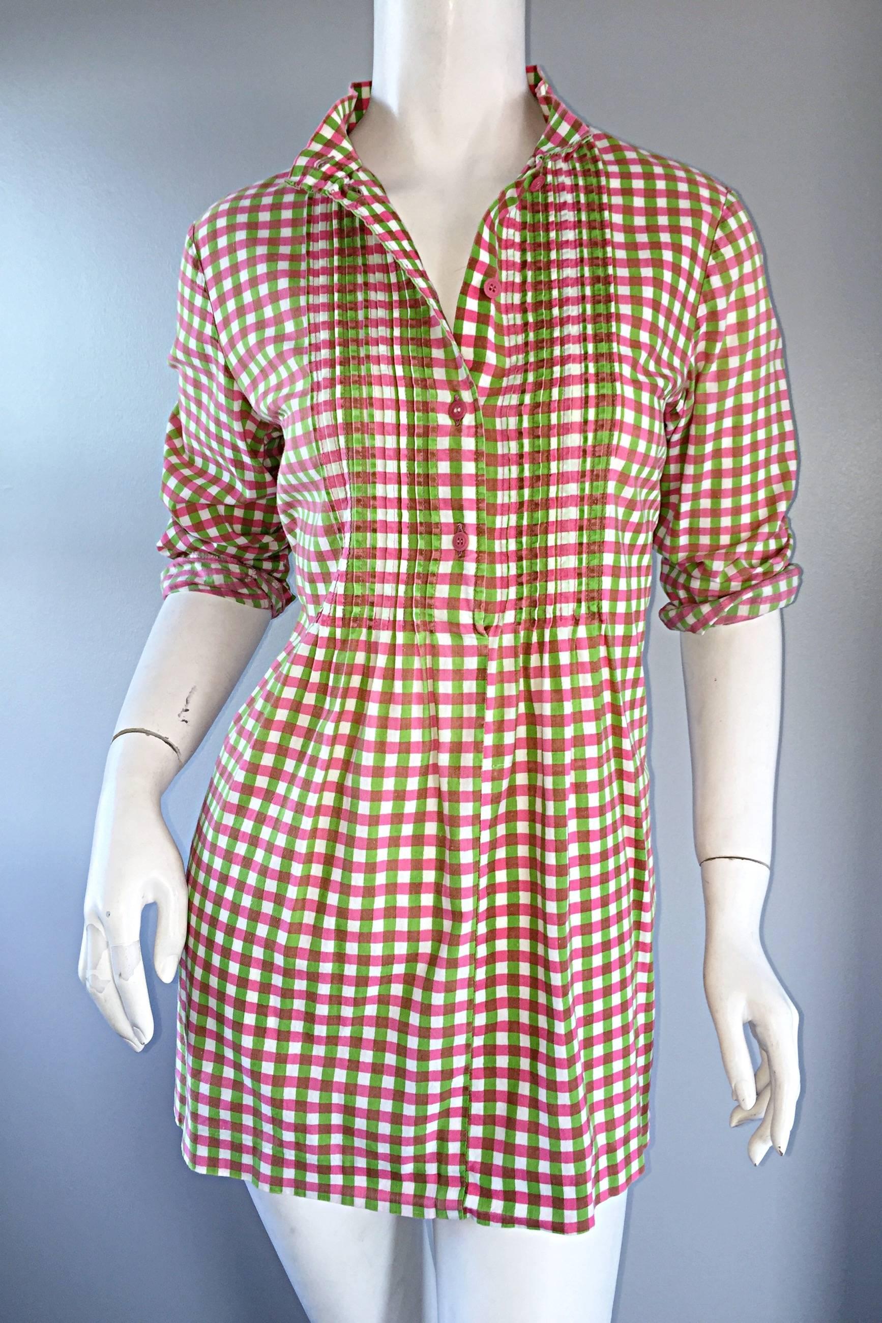 Brown Vintage 1960s Marimekko of Finland 60s Pink and Green Checkered Tunic Mini Dress For Sale