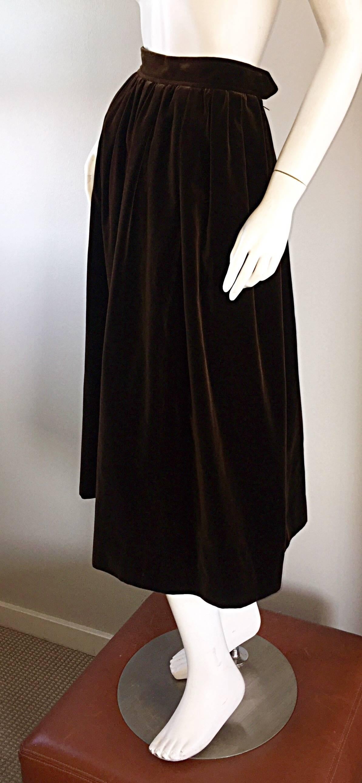 Black Yves Saint Laurent 1970s Vintage Chocolate Brown Velvet 70s Full Midi Skirt YSL For Sale