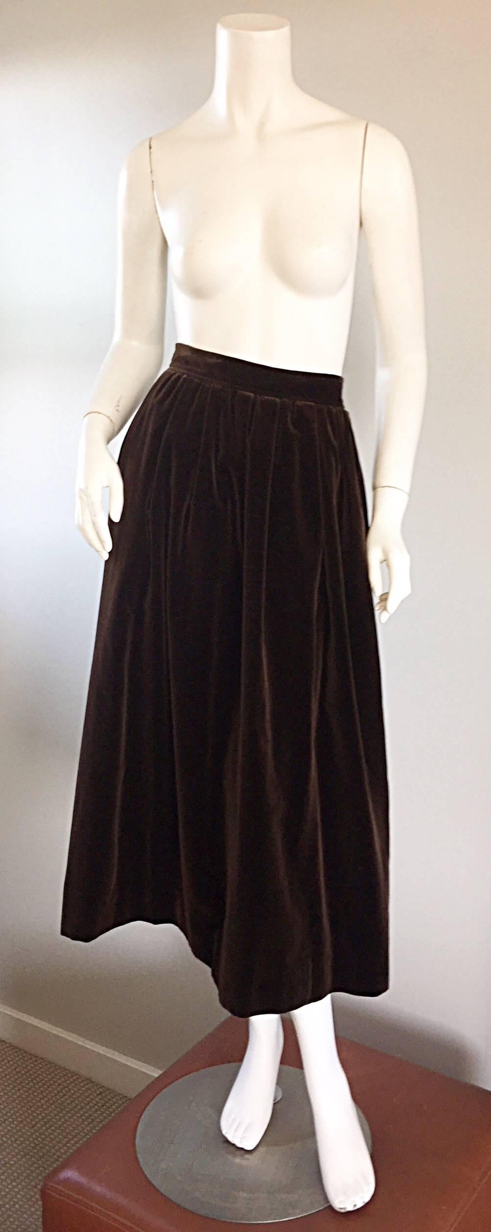 Beautiful, and a fall / winter must! Vintage Yves Saint Laurent Rive Gauche 1970s HIGH WAISTED brown velvet midi (calf length) skirt! Goes with virtually any style/color top. POCKETS at each side of the hips. Great with a pop of color, yet
