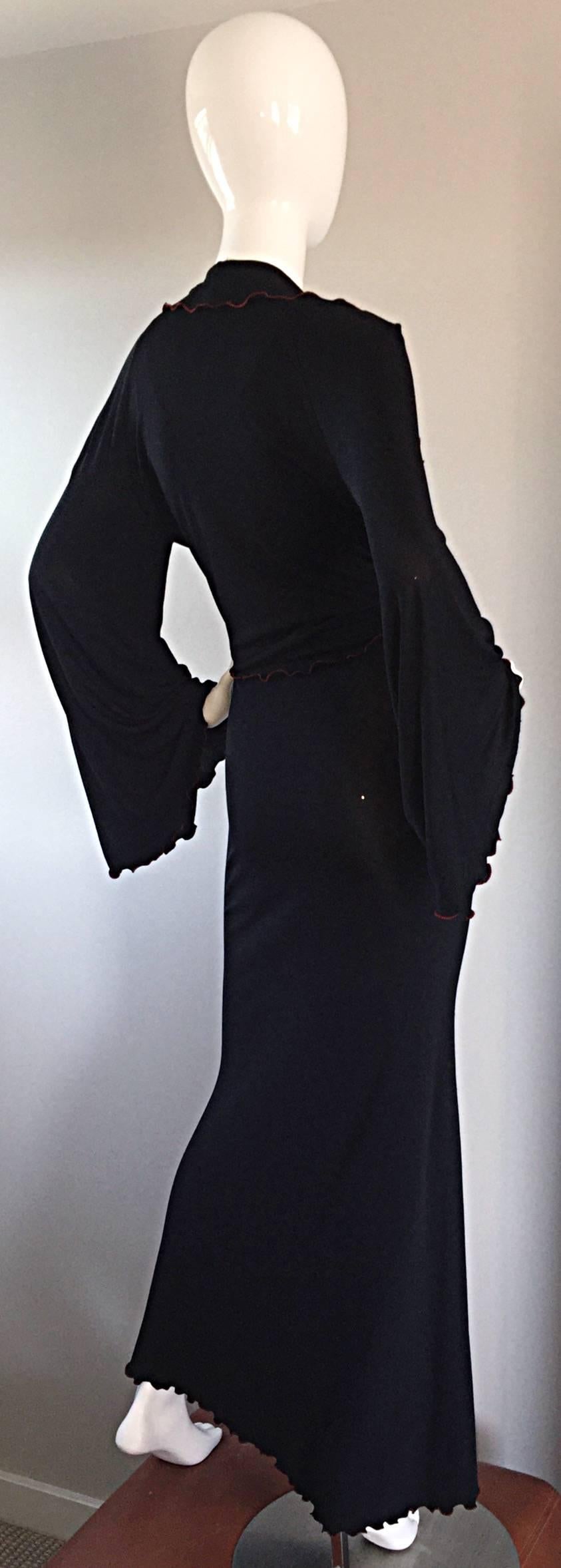 Sexiest vintage Stephen Burrows black 70s double jersey dress, and matching jacket! Jet black color, with red lettuce edging details on both the dress and jacket. Both pieces look incredible together, or as separates! Hugs the body in all the right