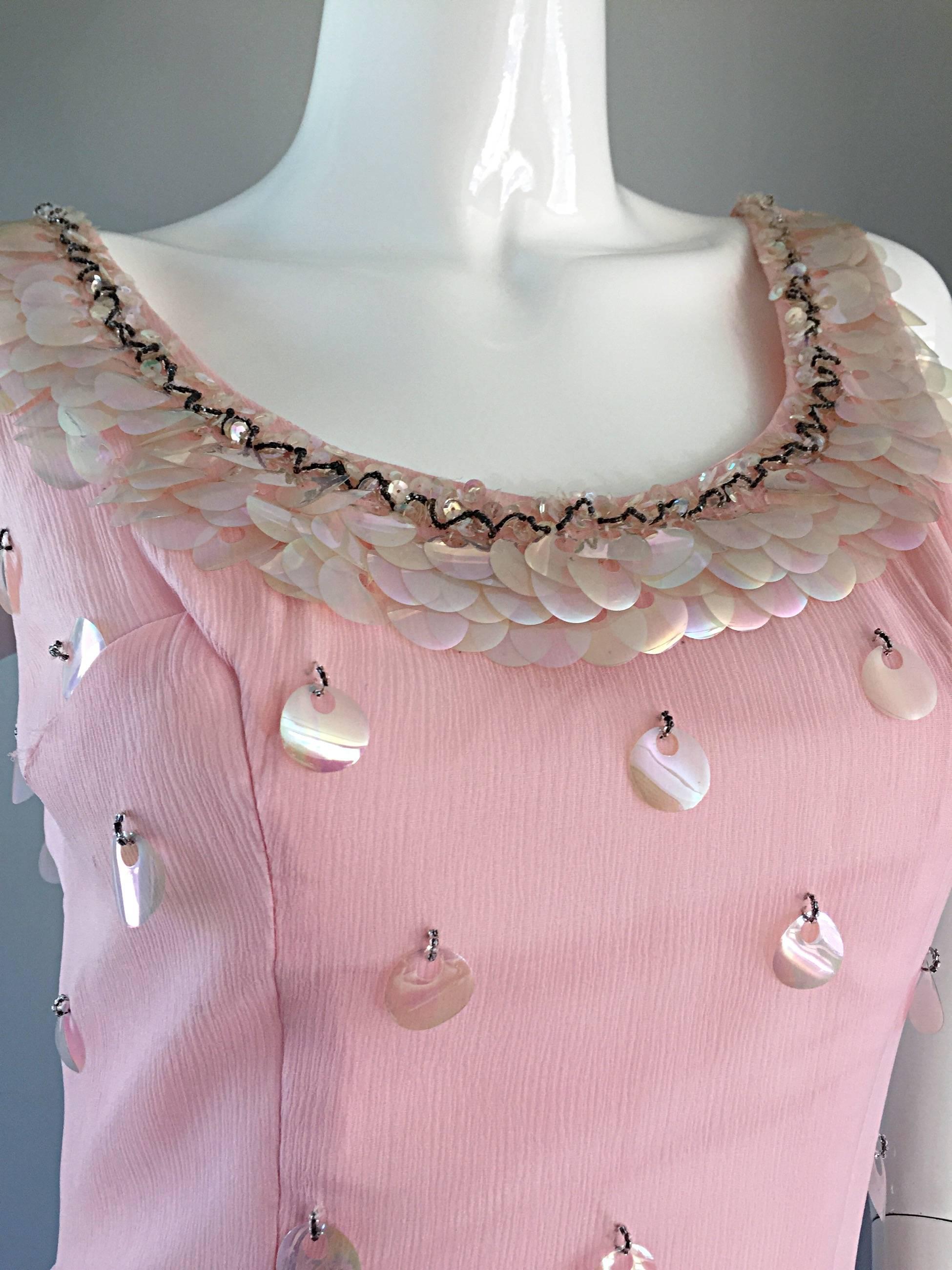 1960s Lilli Diamond Brand New Light Pink Silk Wiggle Dress w/ Paillettes + Beads In New Condition For Sale In San Diego, CA