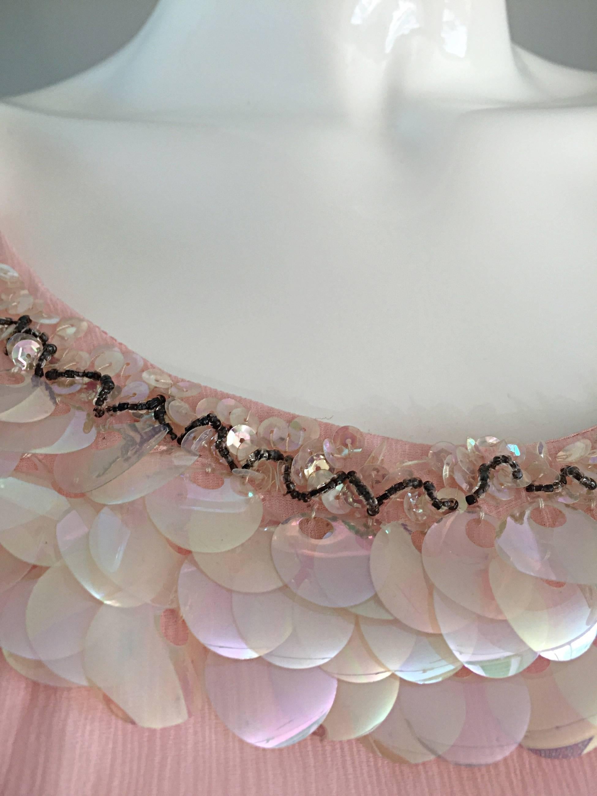 Beige 1960s Lilli Diamond Brand New Light Pink Silk Wiggle Dress w/ Paillettes + Beads For Sale