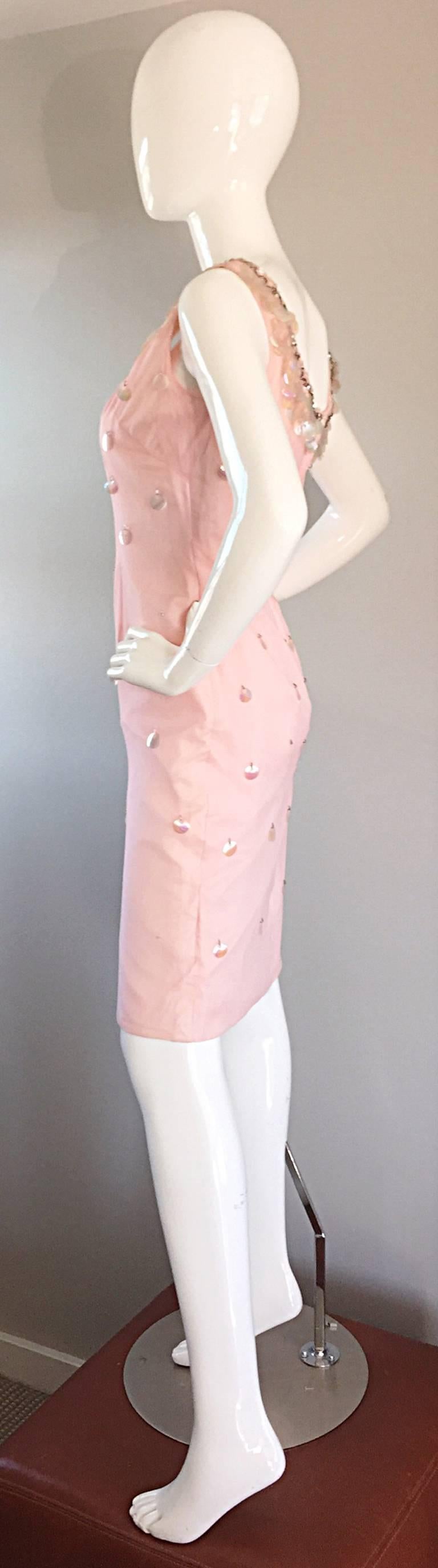 1960s Lilli Diamond Brand New Light Pink Silk Wiggle Dress w/ Paillettes + Beads For Sale 1