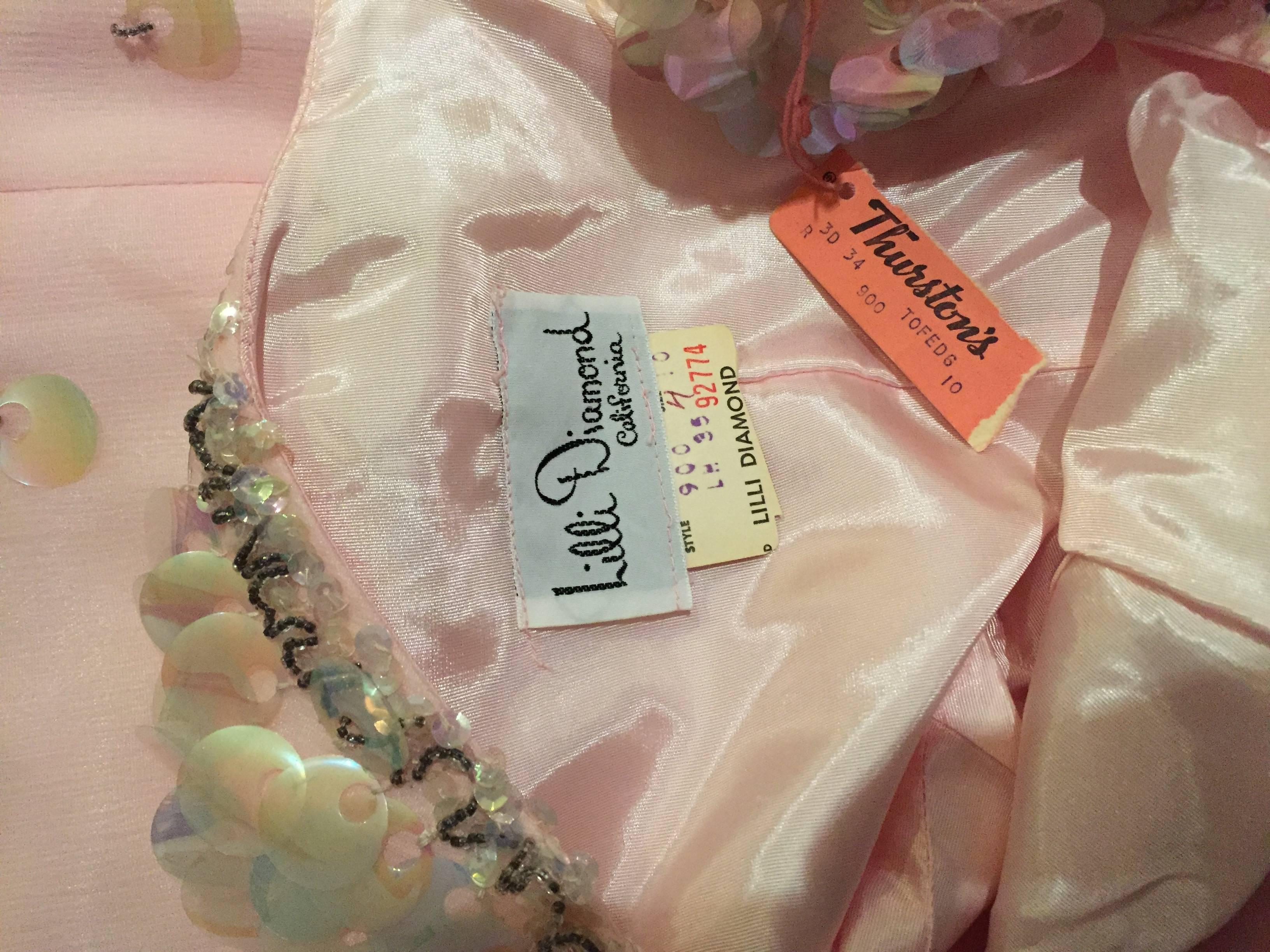 Women's 1960s Lilli Diamond Brand New Light Pink Silk Wiggle Dress w/ Paillettes + Beads For Sale