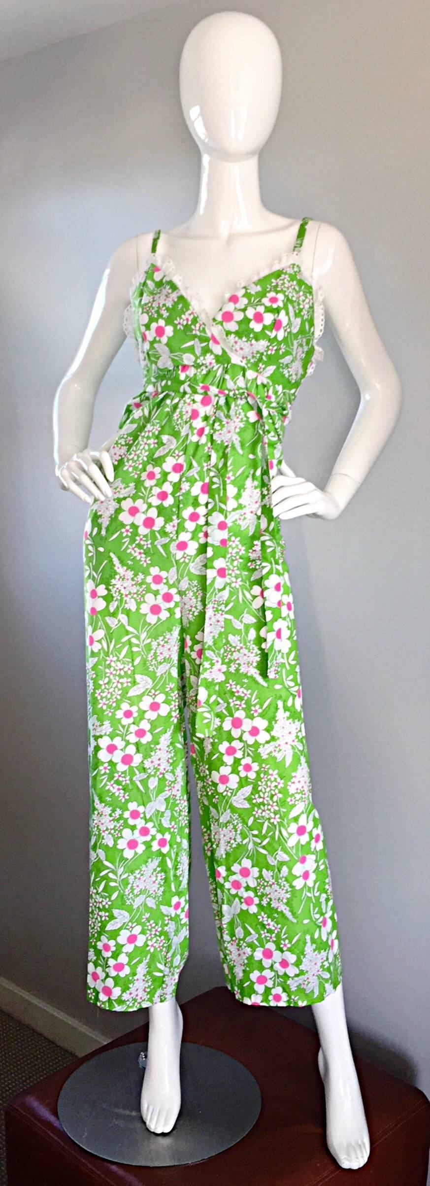 Amazing Vintage 1970s 70s Jumpsuit In Neon Green + Pink + White w/ Flowers Lace In Excellent Condition For Sale In San Diego, CA