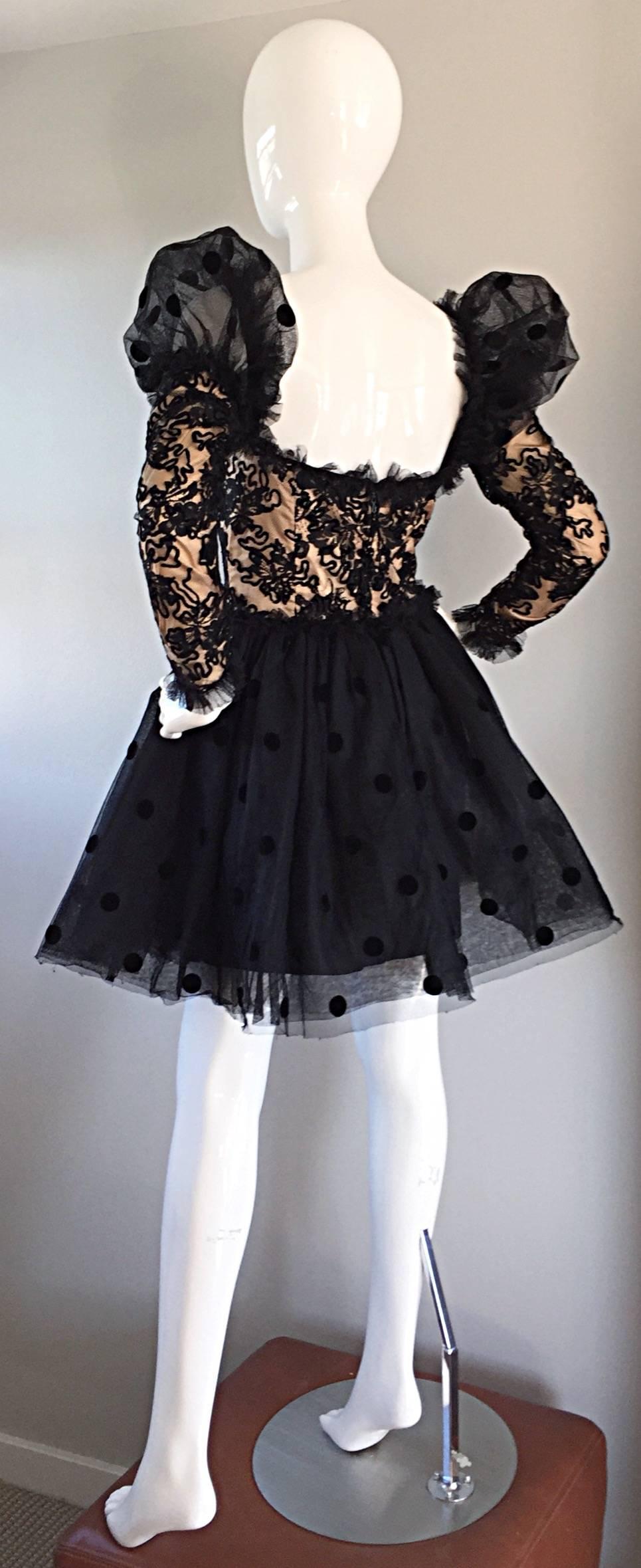 Absolutely beautiful vintage Isabelle Allard COUTURE Avant Garde black and nude French Lace dress! Black silk lace overlay, with nude silk underlay. Chic semi sheer 'pouf sleeves,' with a full skirt (layers and layers of black polka dot tulle). Four