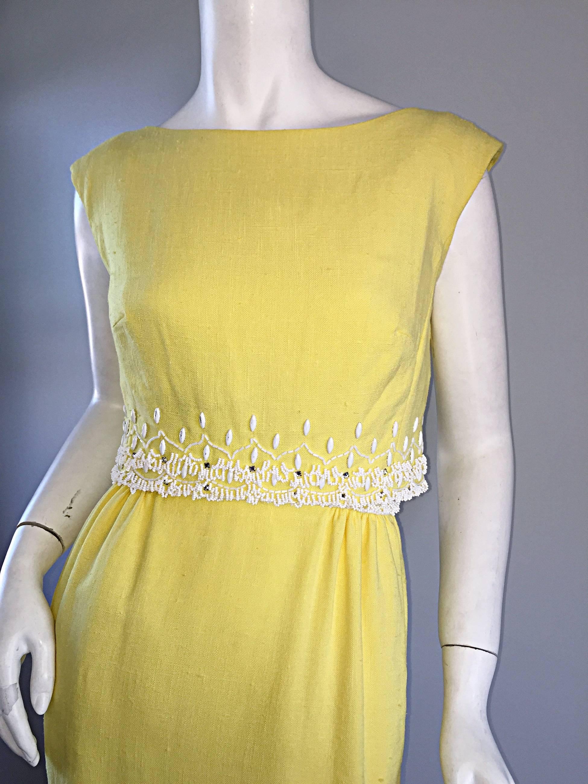 1960er Malcolm Starr Gelbes perlenbesetztes + strassbesetztes Vintage 60er Kleid und Crop Top 2