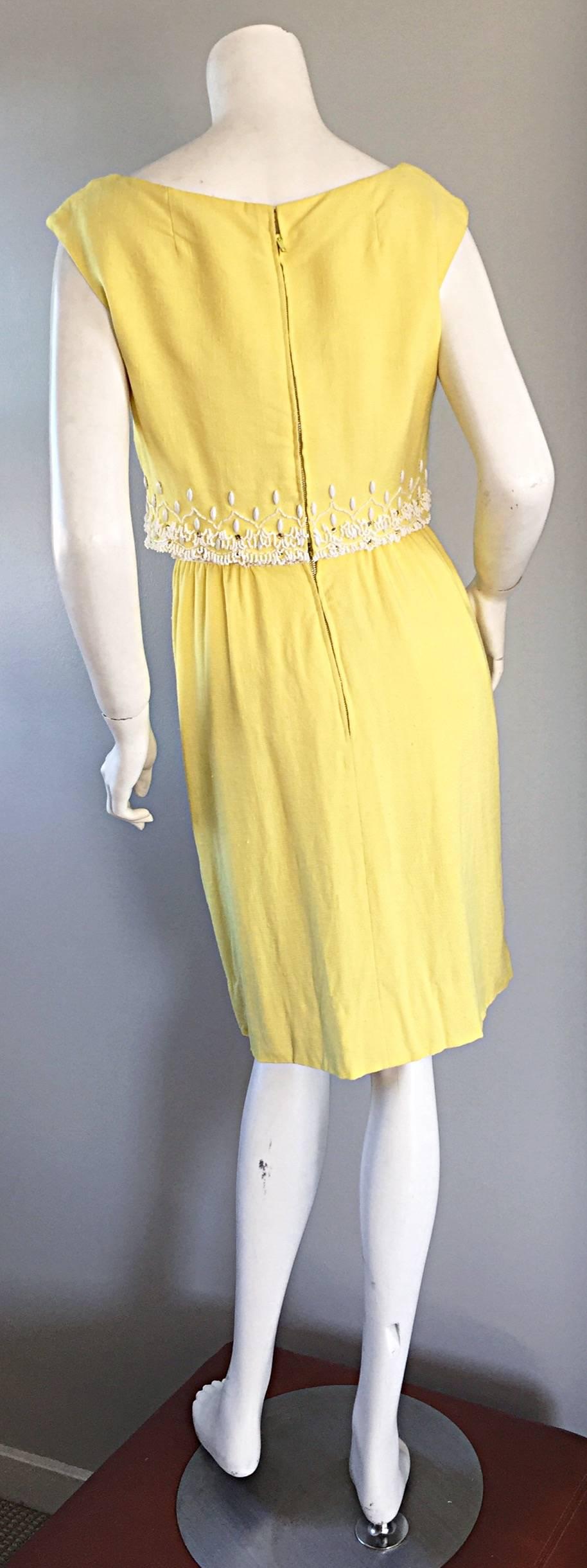 1960er Malcolm Starr Gelbes perlenbesetztes + strassbesetztes Vintage 60er Kleid und Crop Top im Zustand „Hervorragend“ in San Diego, CA
