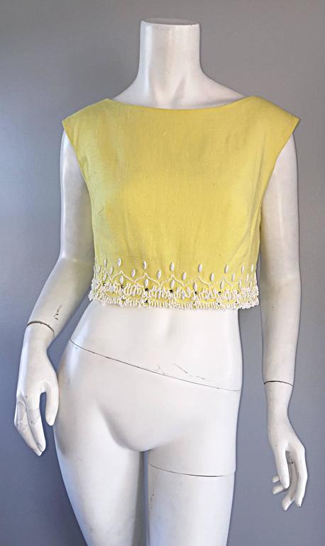 1960s Malcolm Starr Yellow Beaded + Rhinestone Vintage 60s Dress And Crop Top For Sale 1