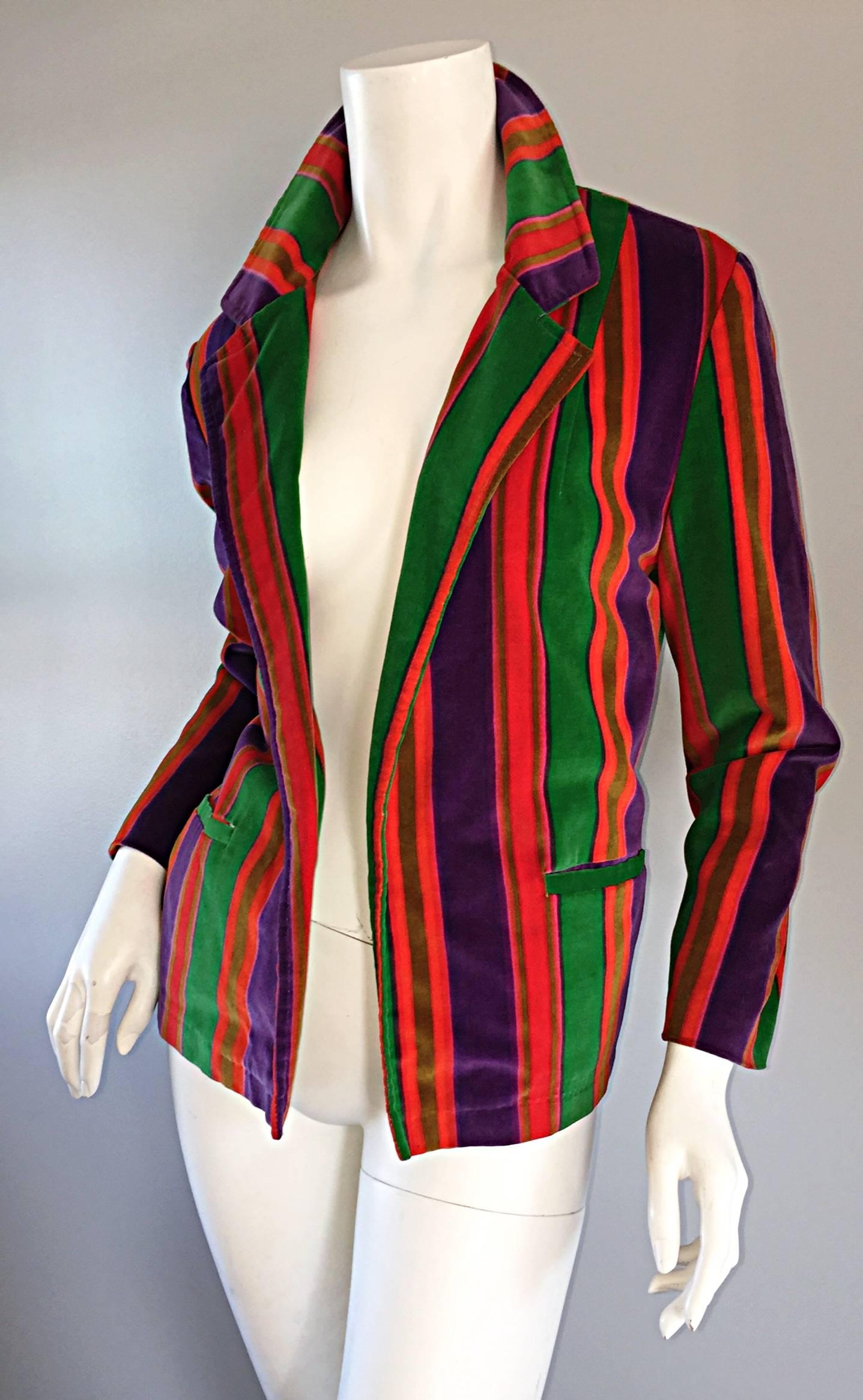 Black Wonderful Vintage I. Magnin 70s Rainbow Striped Velvet Blazer Jacket 