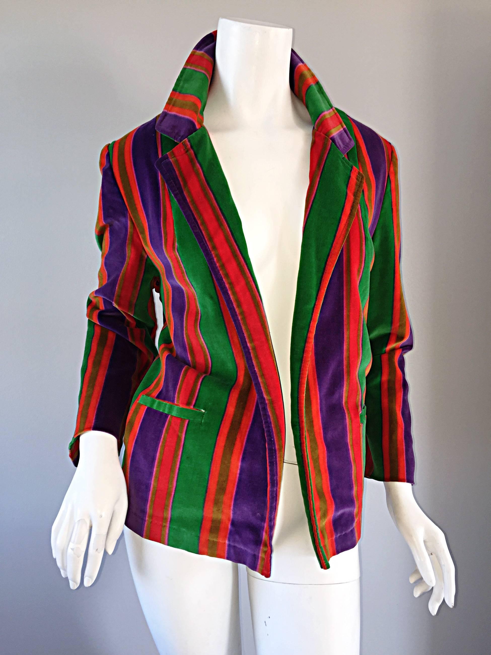 Wonderful Vintage I. Magnin 70s Rainbow Striped Velvet Blazer Jacket In Excellent Condition In San Diego, CA